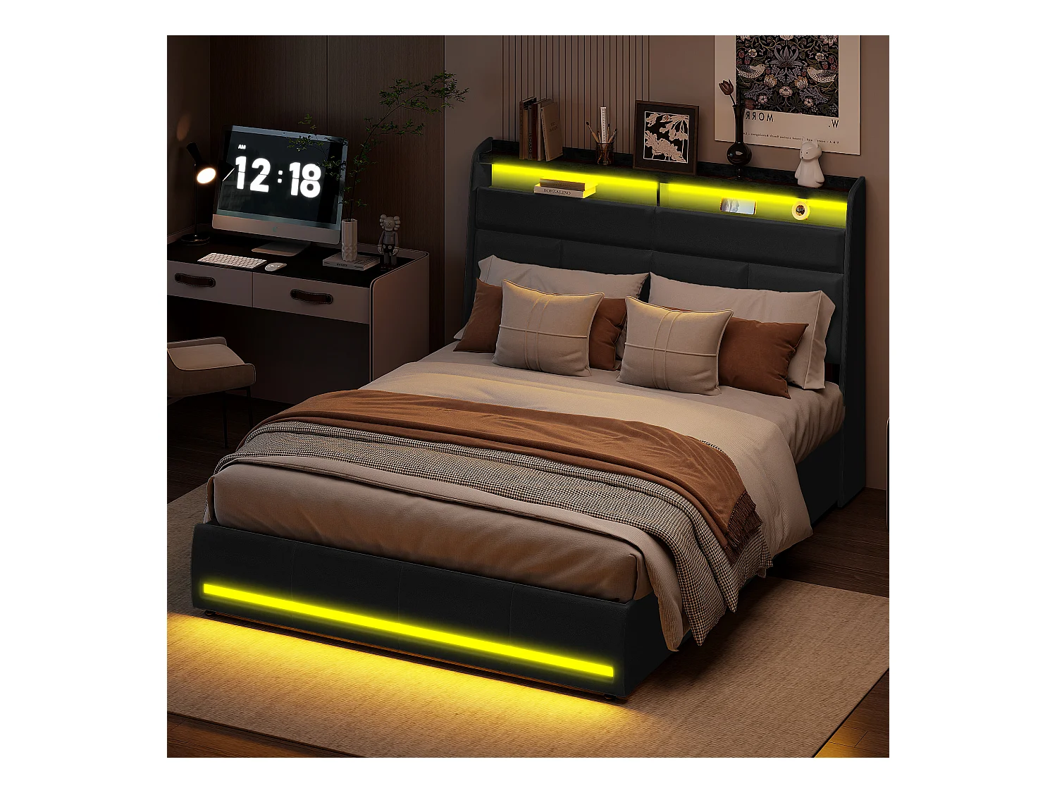 Lit Coffre 140x200 cm,Rangement de la tête de lit et Éclairage LED,Sommier à lattes,Lit double avec rangement hydraulique,PU,noir