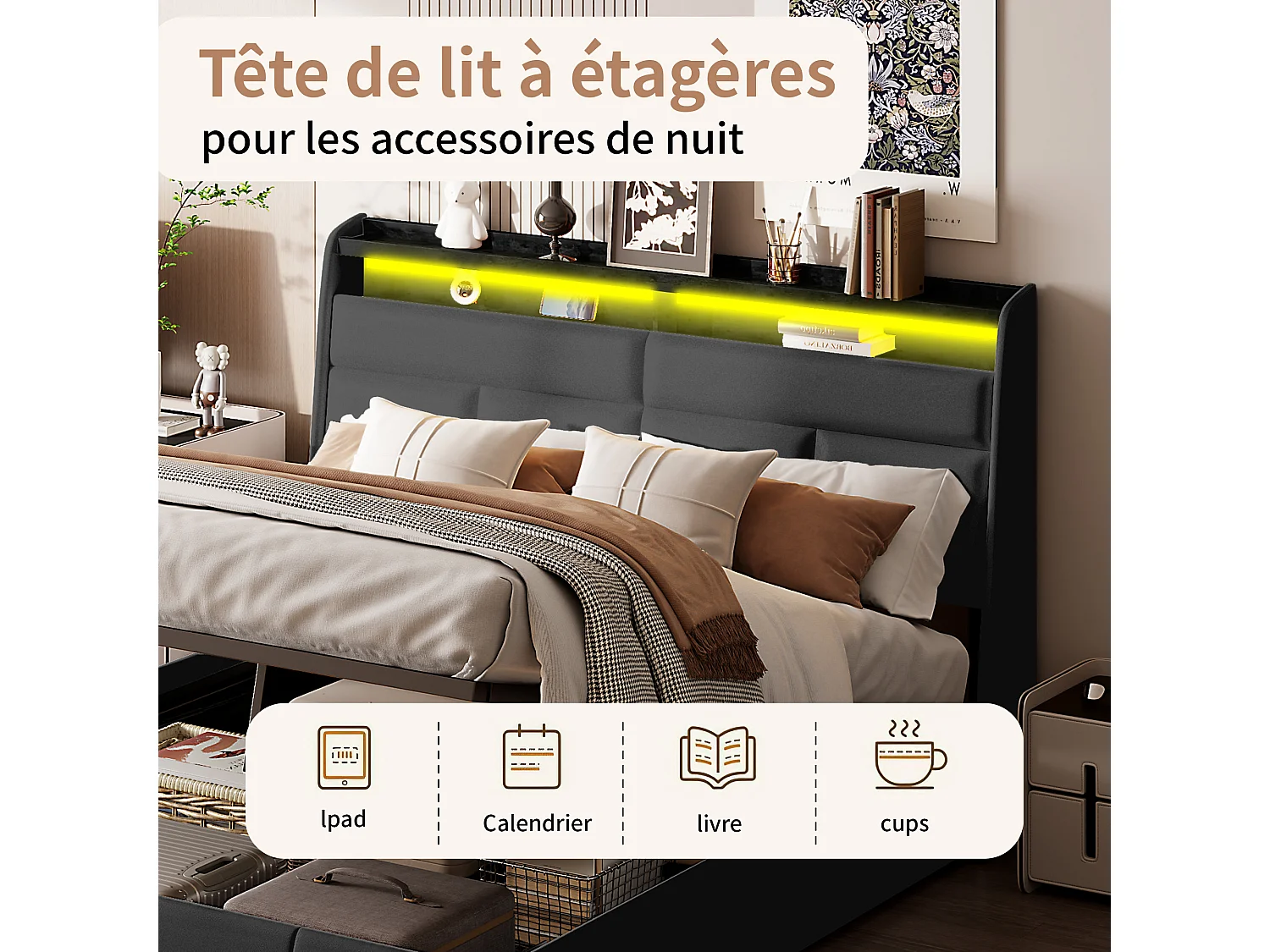 Lit Coffre 140x200 cm,Rangement de la tête de lit et Éclairage LED,Sommier à lattes,Lit double avec rangement hydraulique,PU,noir