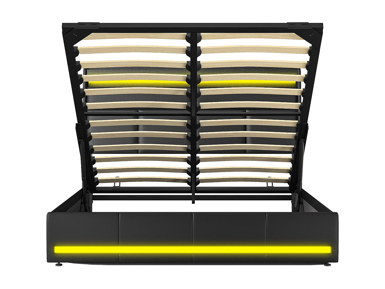 Lit Coffre 140x200 cm,Rangement de la tête de lit et Éclairage LED,Sommier à lattes,Lit double avec rangement hydraulique,PU,noir