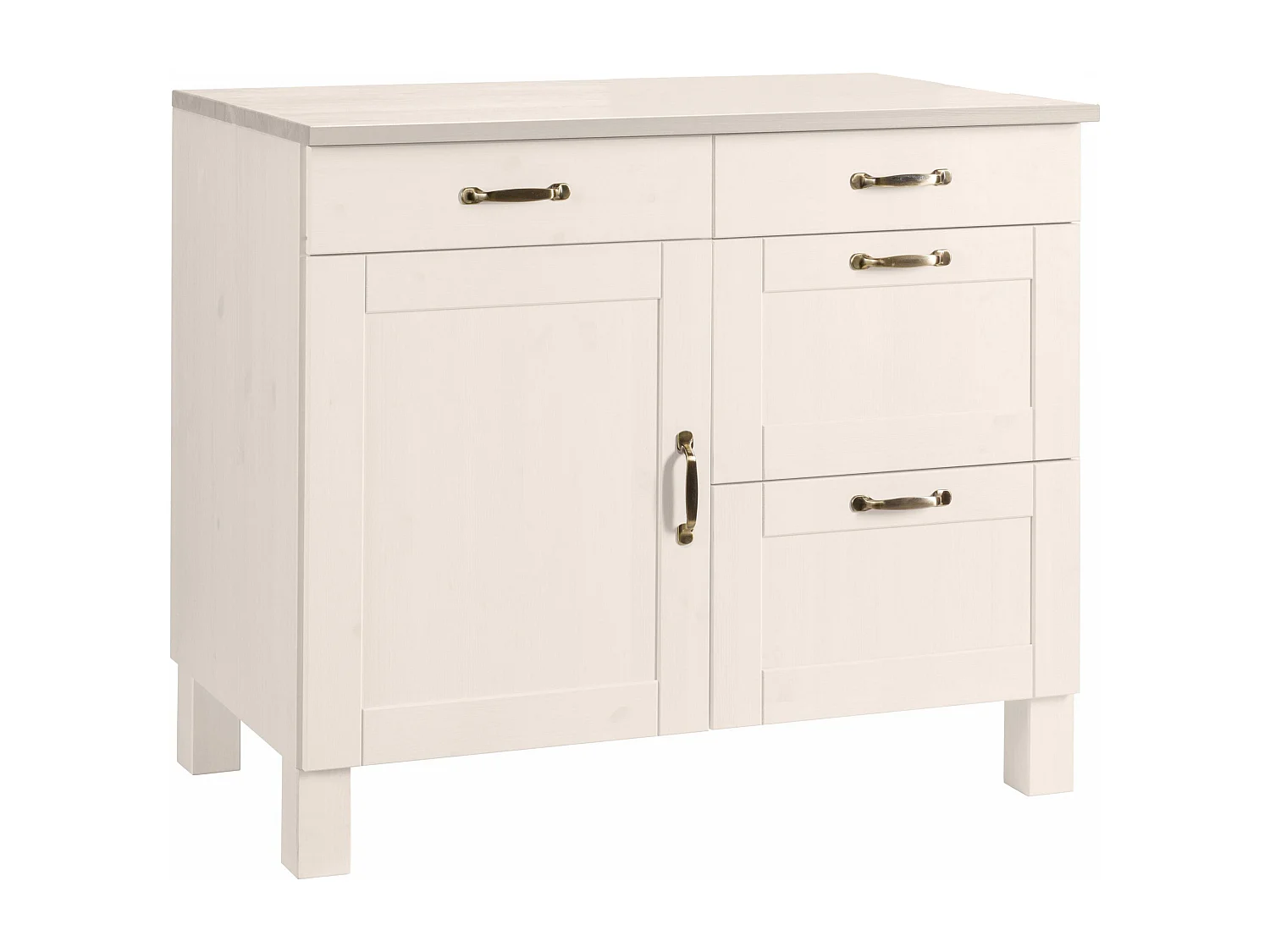 Alby | 60 cm Meuble de cuisine en pin avec une porte et quatre tiroirs en blanc