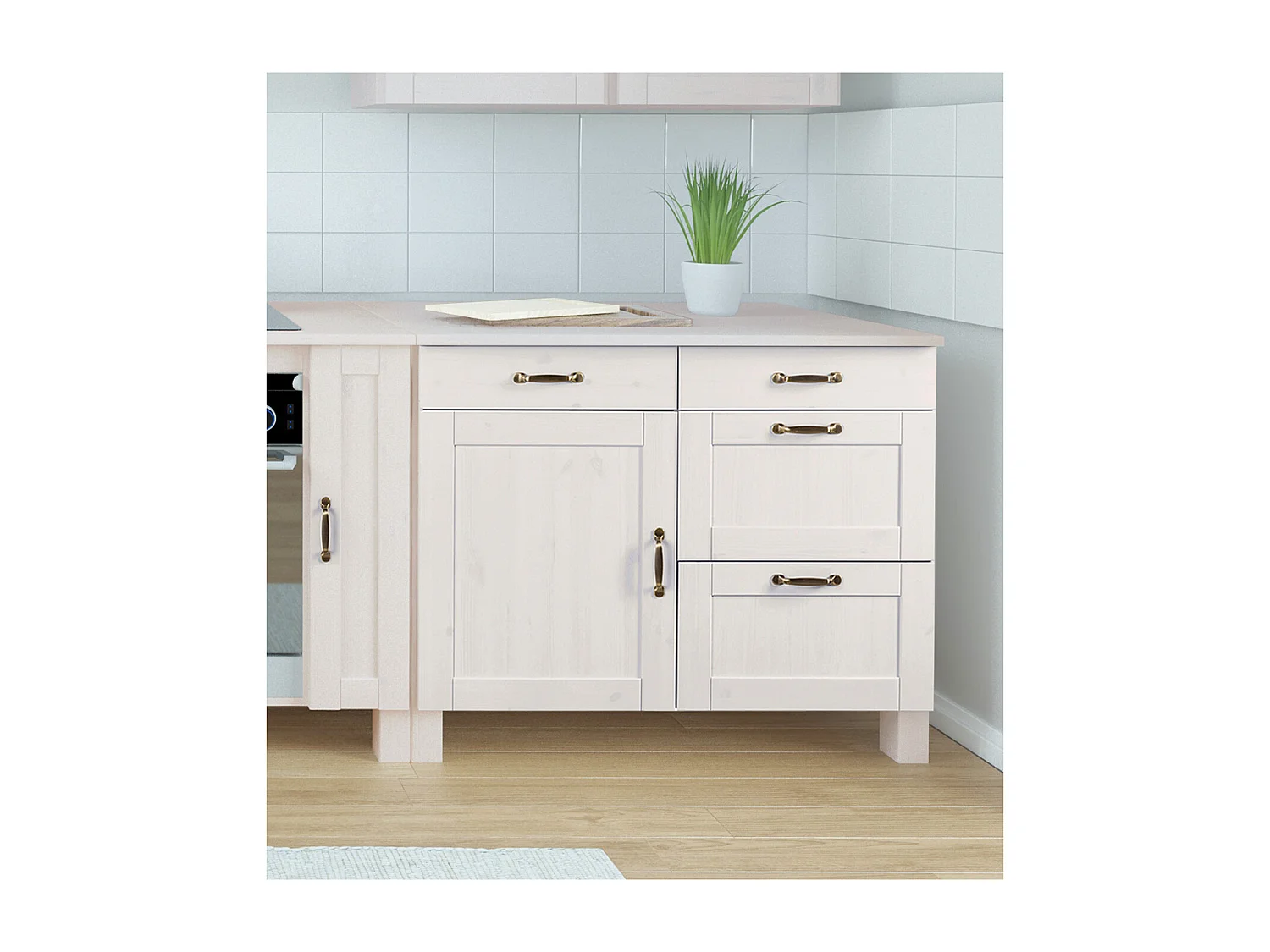 Alby | 60 cm Meuble de cuisine en pin avec une porte et quatre tiroirs en blanc