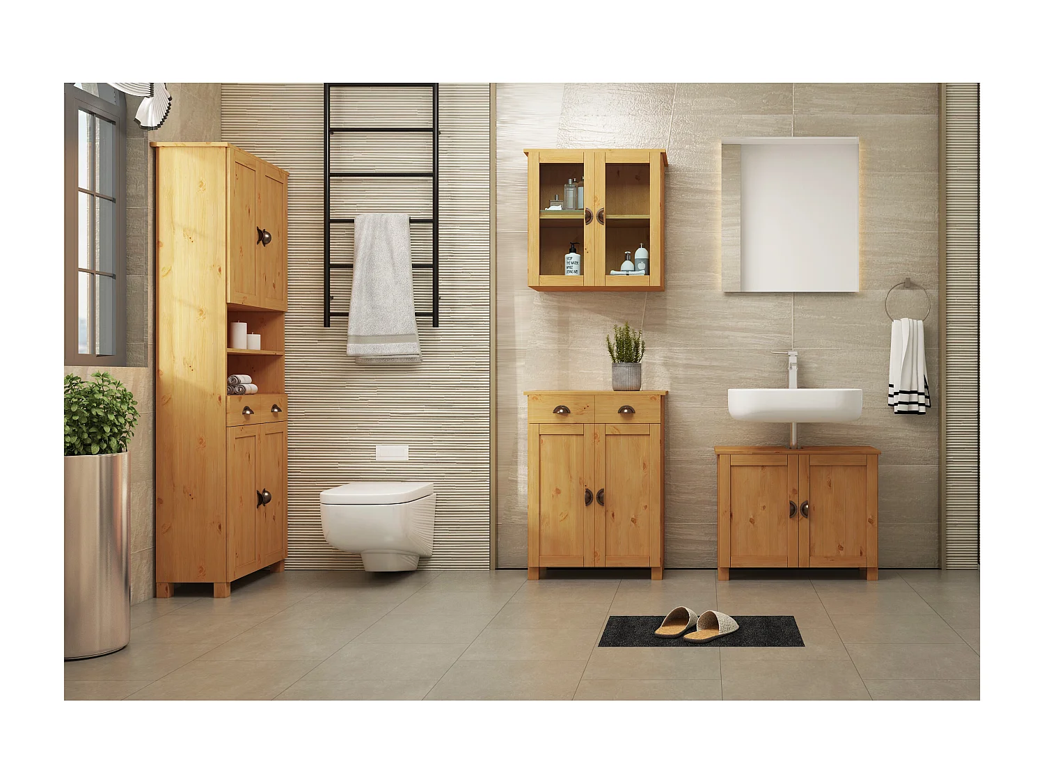 Toscana | Armoire de cuisine à deux portes et tiroirs en bois de pin