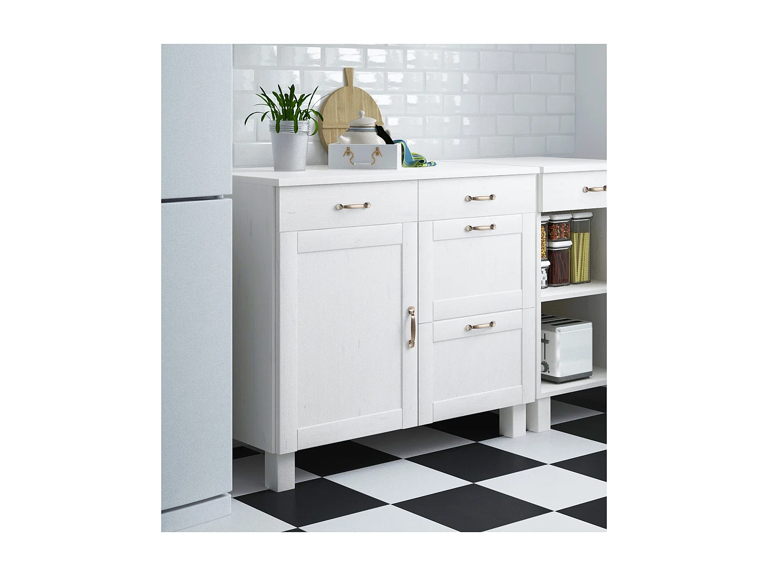 Alby | Meuble de cuisine en pin blanc avec une porte et quatre tiroirs