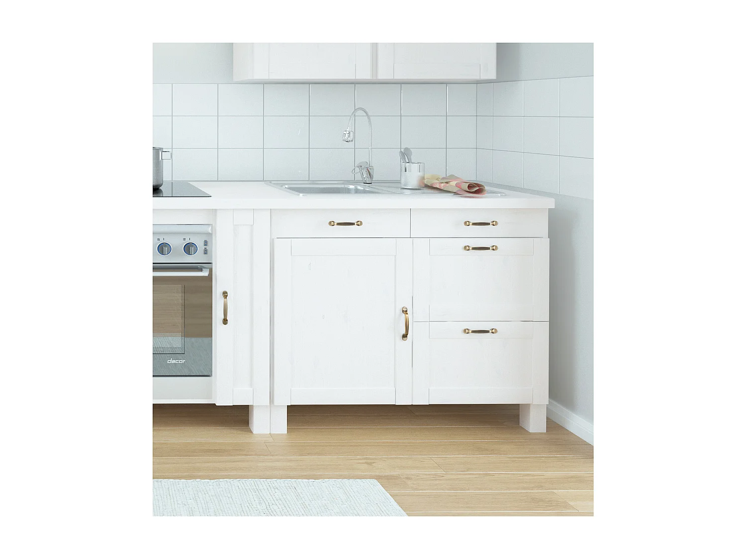 Dalby | Meuble de cuisine en pin blanc avec une porte et quatre tiroirs