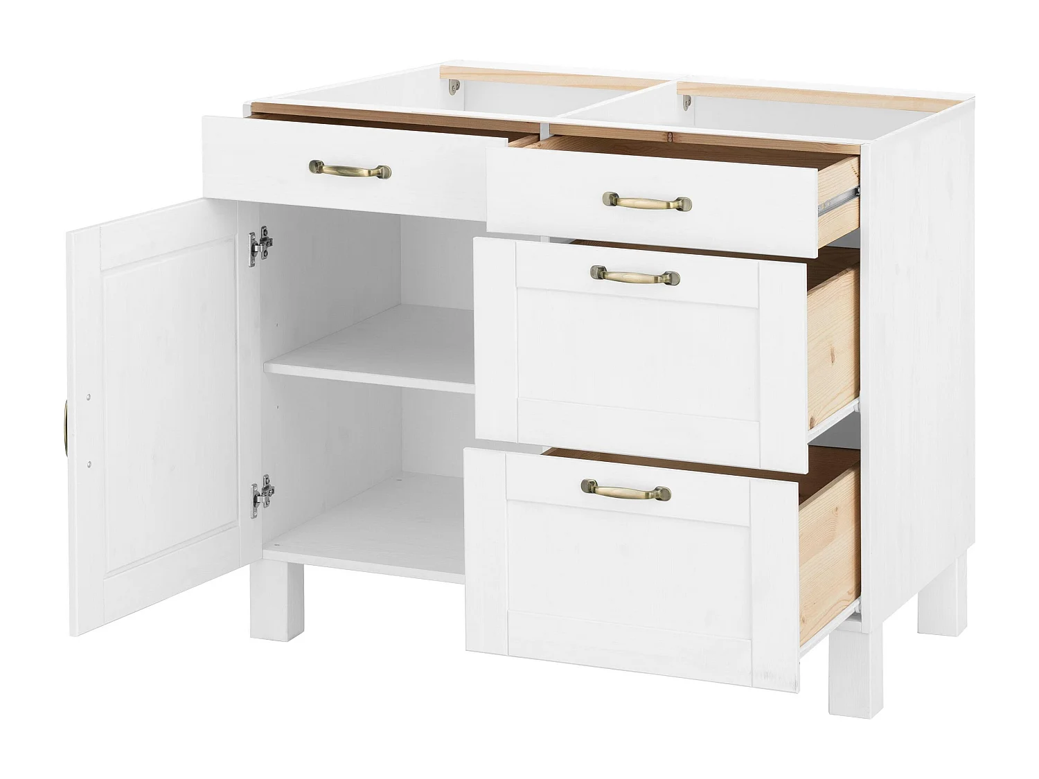 Dalby | Meuble de cuisine en pin blanc avec une porte et quatre tiroirs