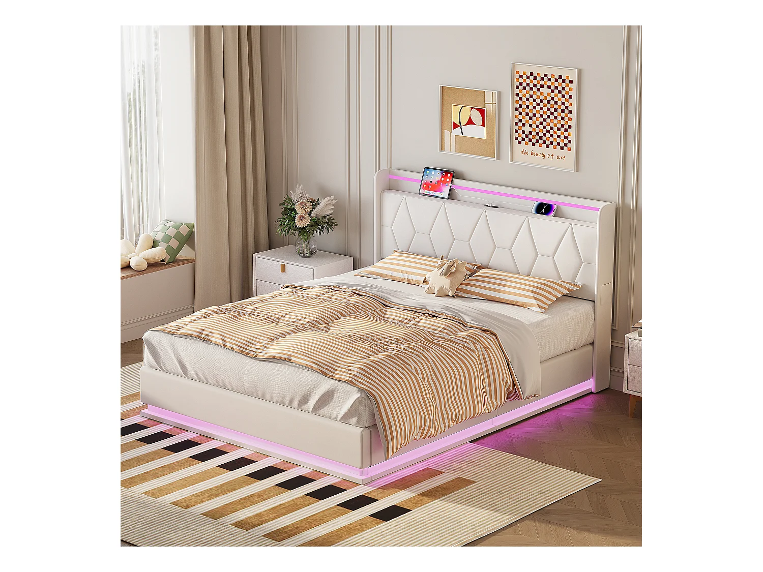 Lit Coffre 140x200 cm, Lit rembourré avec Sommier et Rangement Hydraulique, Lit Double Rembourré avec LED et Port USB, Velours