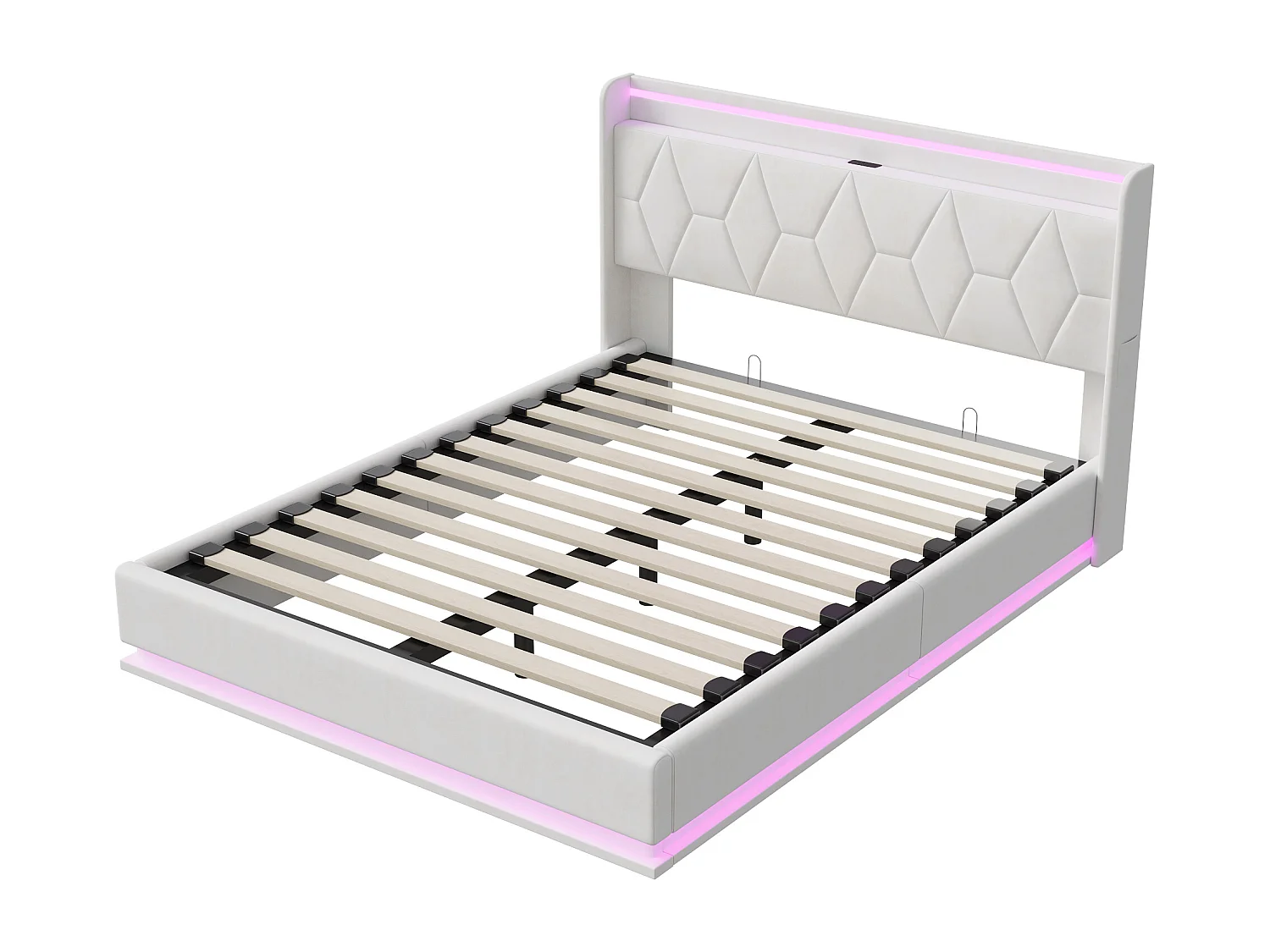 Lit Coffre 140x200 cm, Lit rembourré avec Sommier et Rangement Hydraulique, Lit Double Rembourré avec LED et Port USB, Velours