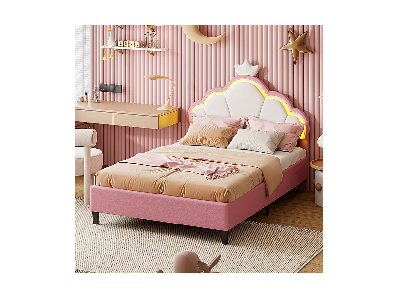 Lit pour Enfant rembourré 90x200cm, Lit Enfant, Lit de Princesse en Forme de Couronne avec LED, Tête de réglable en Hauteur, Rose