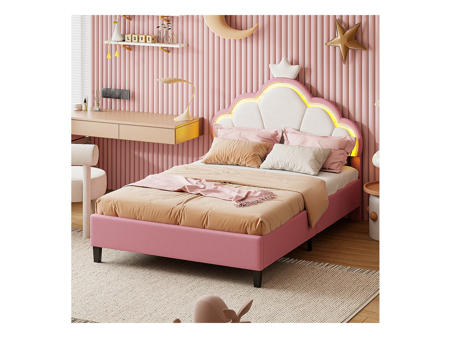 Lit pour Enfant rembourré 90x200cm, Lit Enfant, Lit de Princesse en Forme de Couronne avec LED, Tête de réglable en Hauteur, Rose