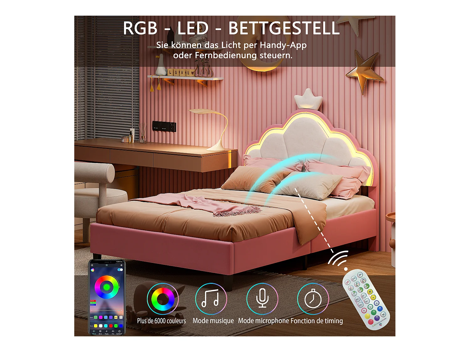 Lit pour Enfant rembourré 90x200cm, Lit Enfant, Lit de Princesse en Forme de Couronne avec LED, Tête de réglable en Hauteur, Rose