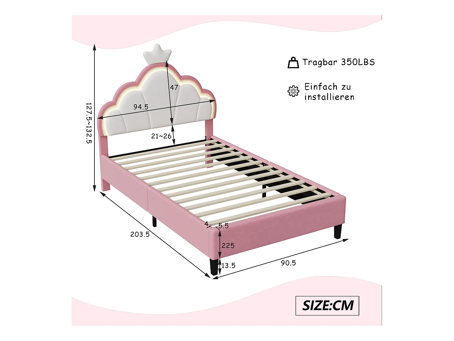 Lit pour Enfant rembourré 90x200cm, Lit Enfant, Lit de Princesse en Forme de Couronne avec LED, Tête de réglable en Hauteur, Rose