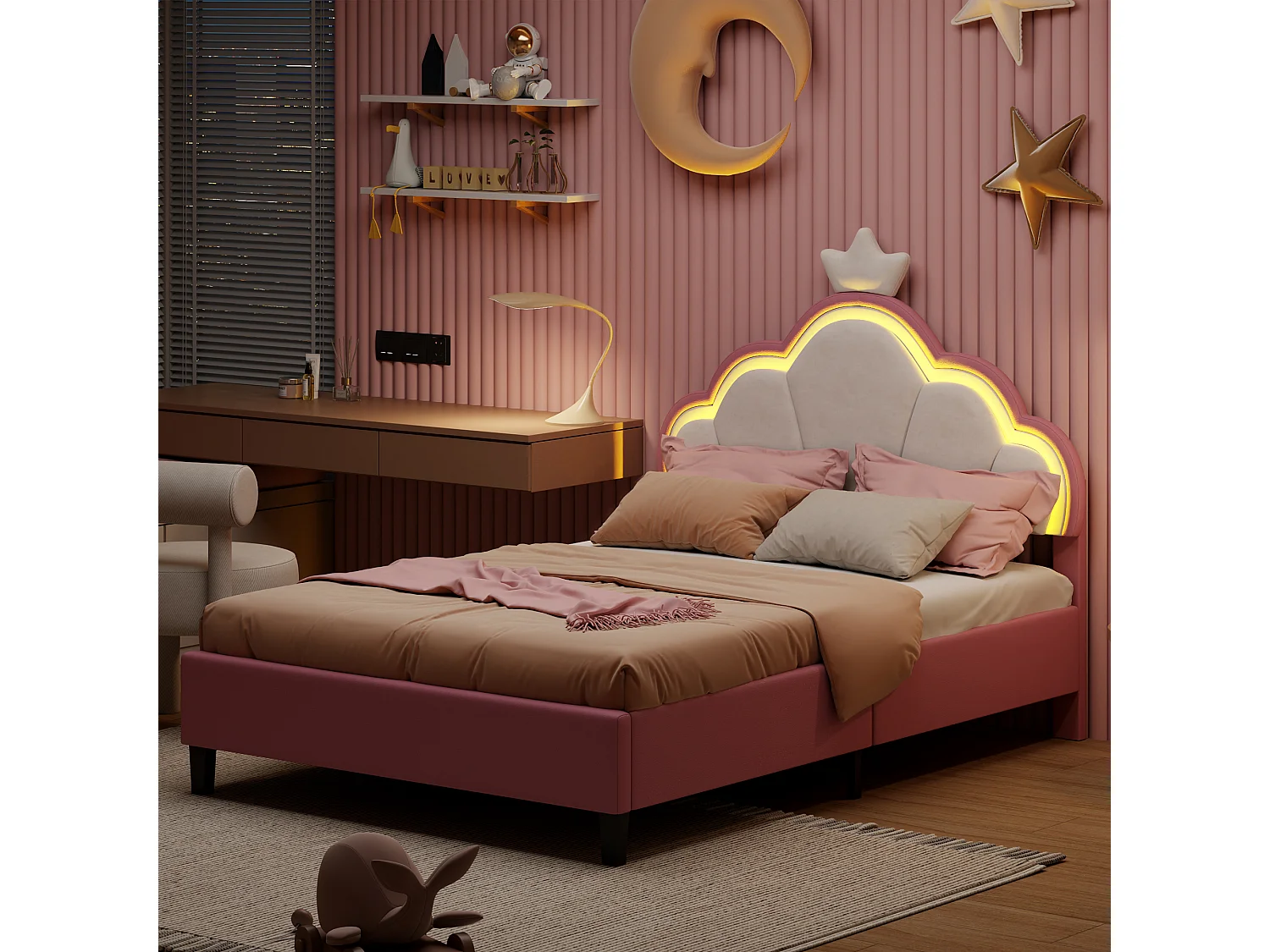 Lit pour Enfant rembourré 90x200cm, Lit Enfant, Lit de Princesse en Forme de Couronne avec LED, Tête de réglable en Hauteur, Rose