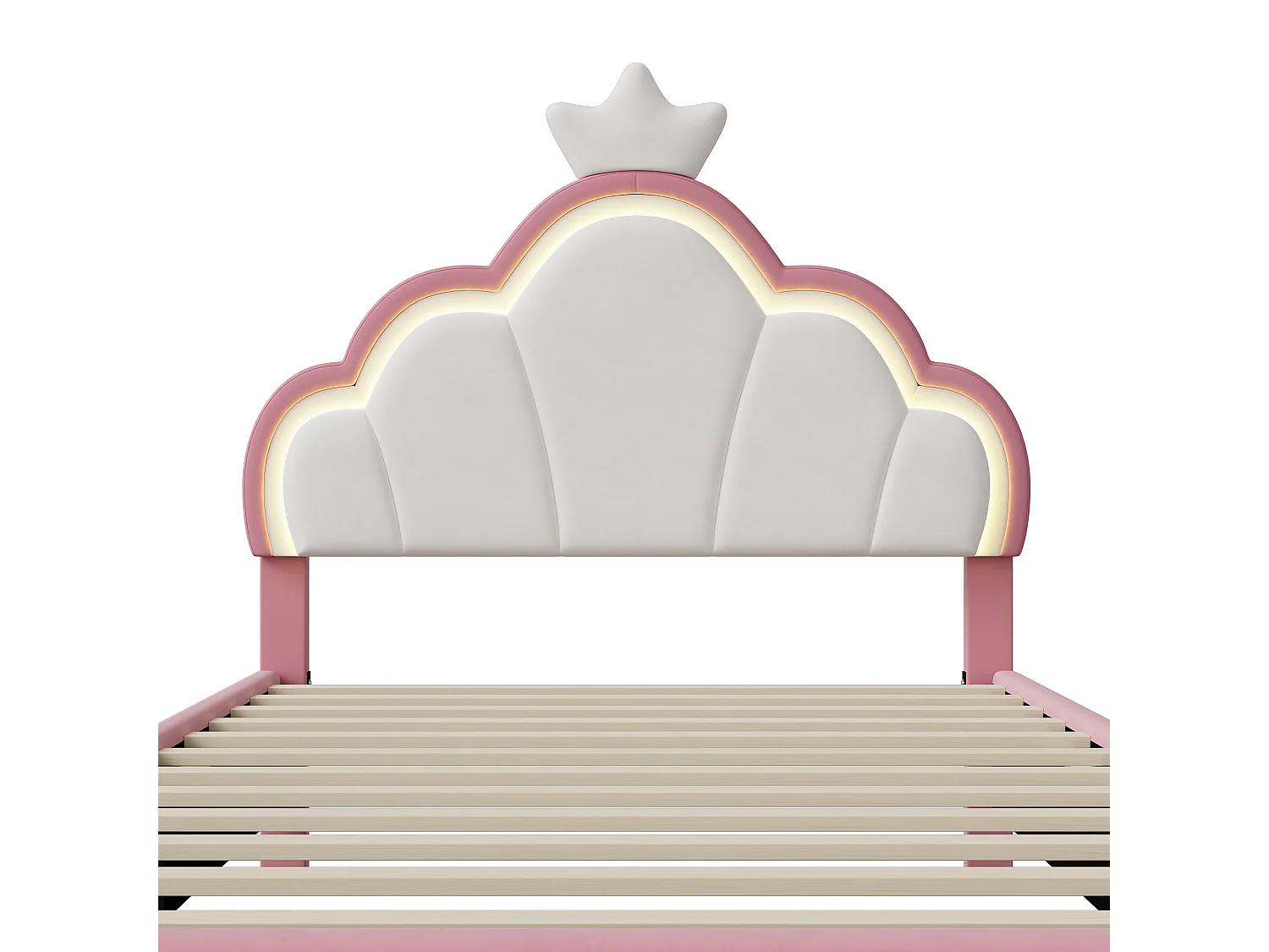 Lit pour Enfant rembourré 90x200cm, Lit Enfant, Lit de Princesse en Forme de Couronne avec LED, Tête de réglable en Hauteur, Rose