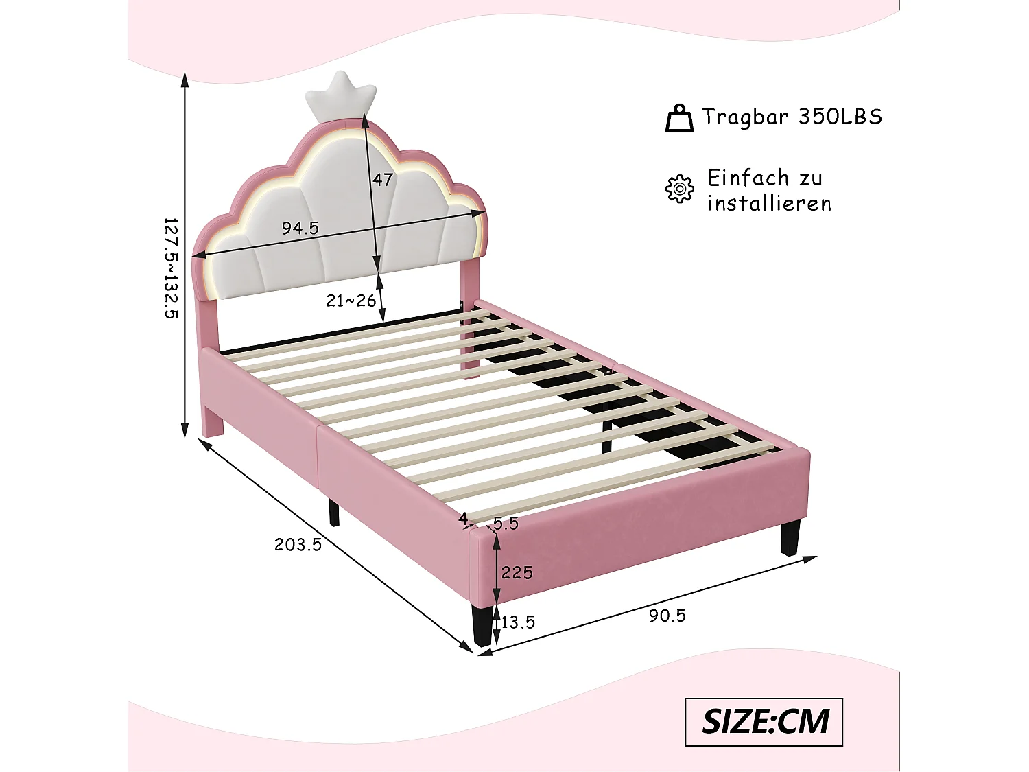 Lit pour Enfant rembourré 90x200cm, Lit Enfant, Lit de Princesse en Forme de Couronne avec LED, Tête de réglable en Hauteur, Rose