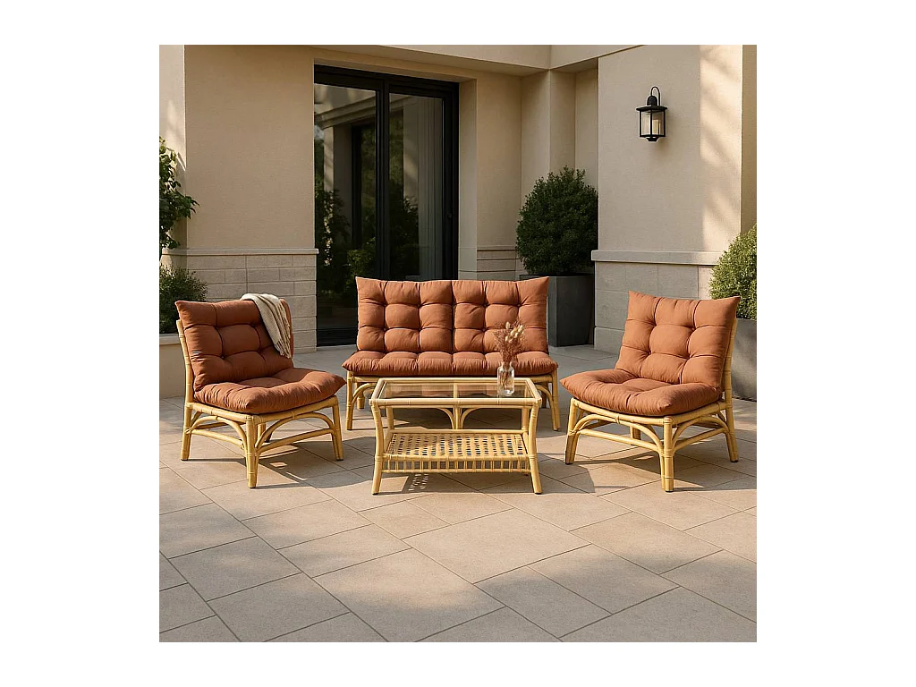 Salon de jardin en rotin avec coussins terracotta Rattan