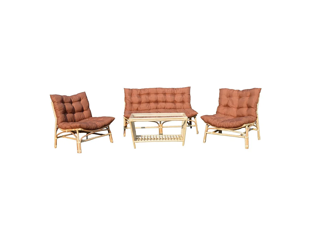 Salon de jardin en rotin avec coussins terracotta Rattan