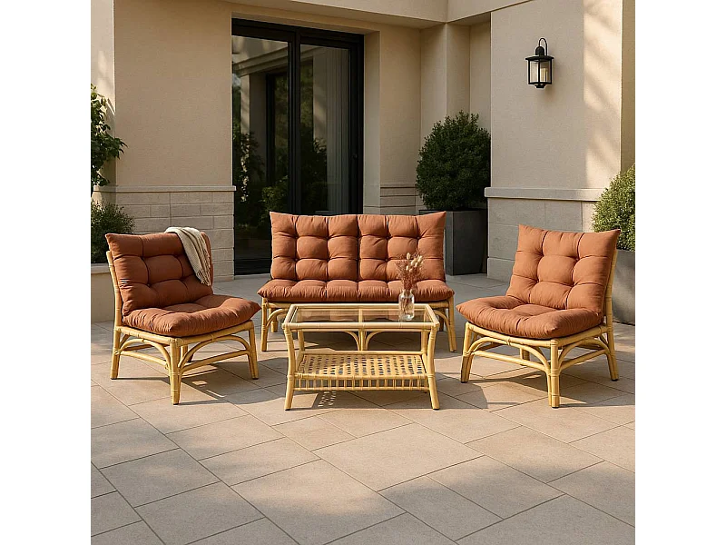 Salon de jardin en rotin avec coussins blancs Rattan
