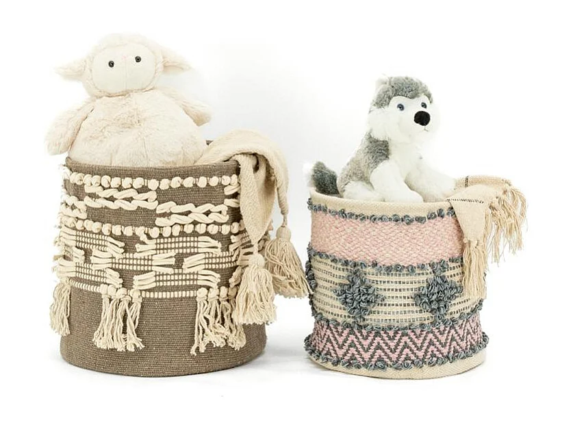 Corbeille ronde en coton recyclé taupe et blanc