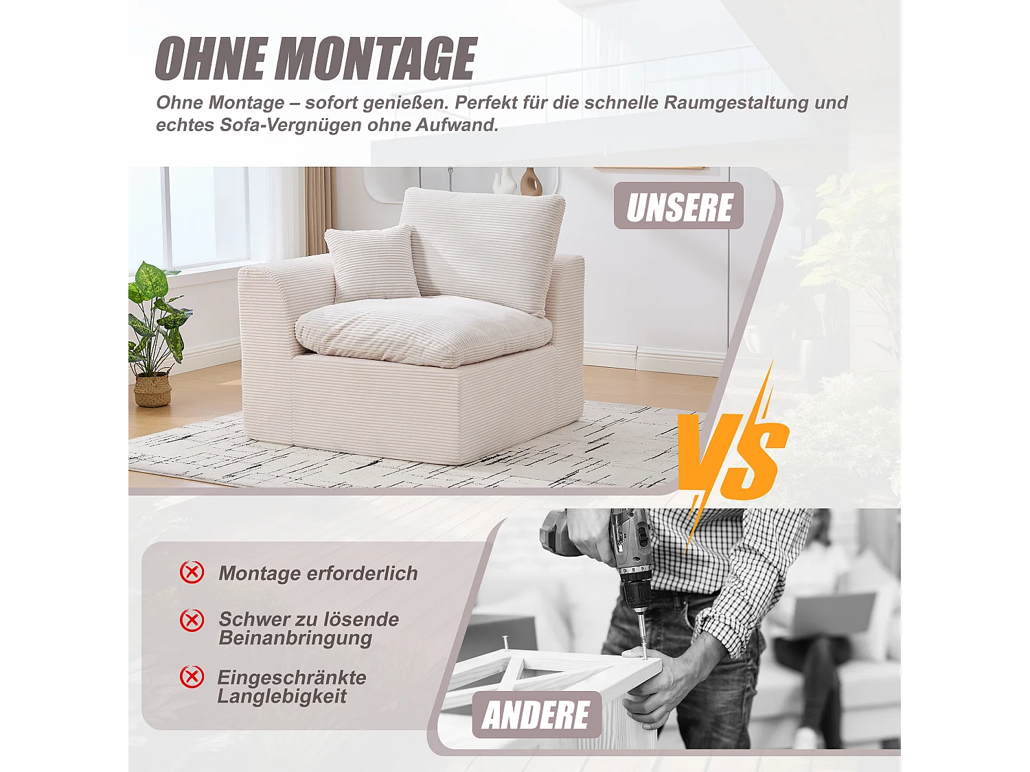 Câlin - Set Canapé 2 Places Modulable - 2 Canapés d'Appoint en Velours Côtelé - 4 Coussins Ergonomiques Inclus - Ensemble Salon Modulable pour Salle de Séjour