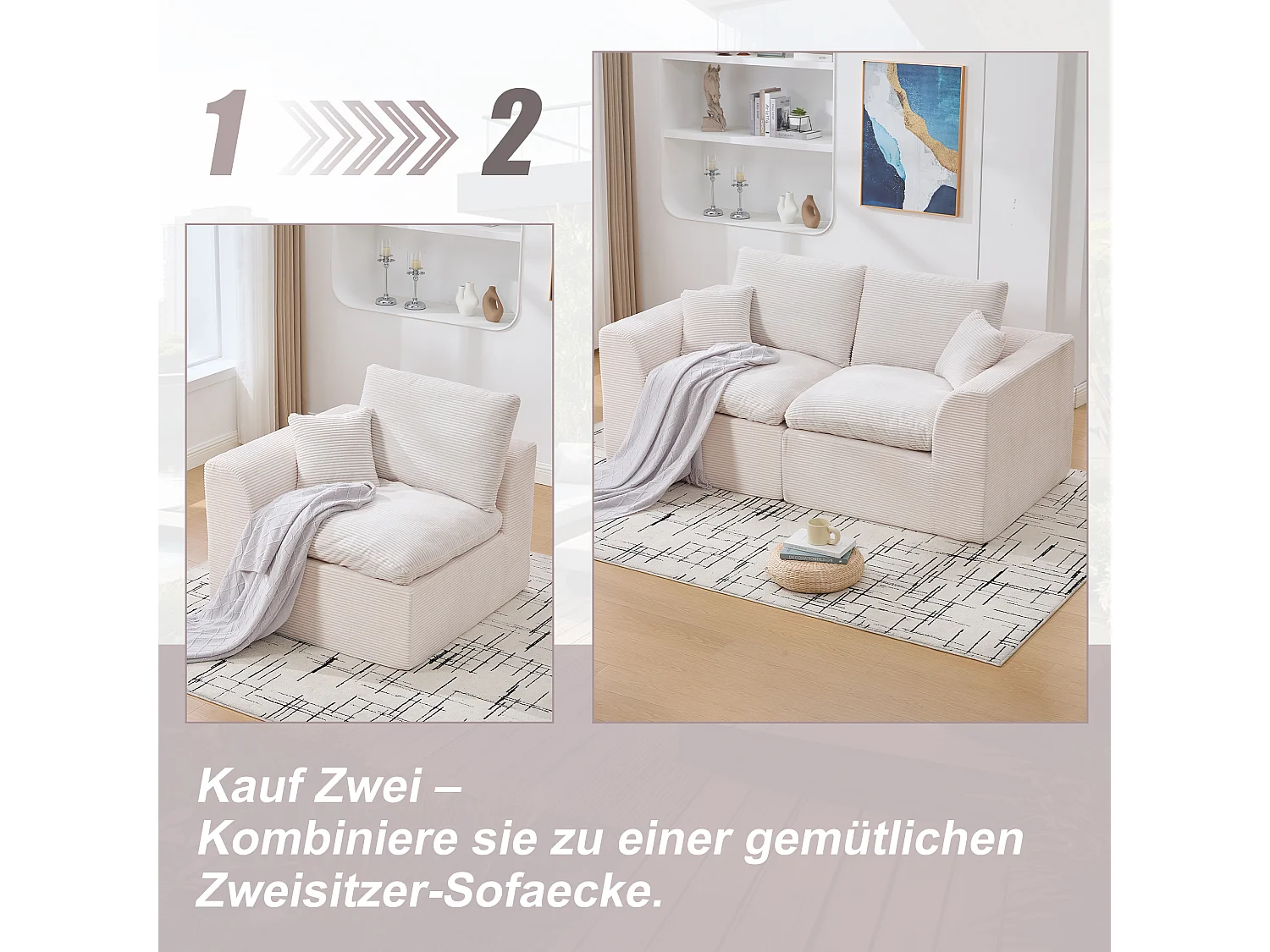 Câlin - Set Canapé 2 Places Modulable - 2 Canapés d'Appoint en Velours Côtelé - 4 Coussins Ergonomiques Inclus - Ensemble Salon Modulable pour Salle de Séjour