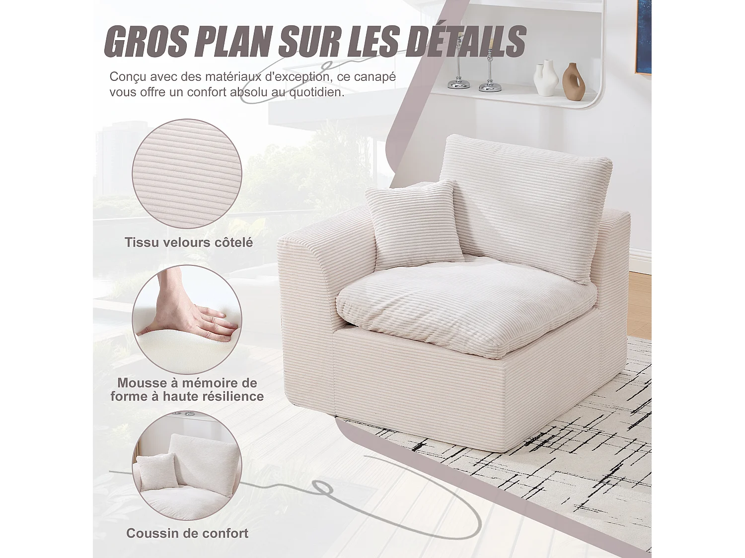 Câlin - Set Canapé 2 Places Modulable - 2 Canapés d'Appoint en Velours Côtelé - 4 Coussins Ergonomiques Inclus - Ensemble Salon Modulable pour Salle de Séjour