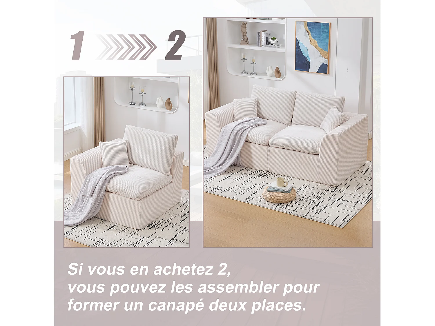 Câlin - Set Canapé 2 Places Modulable - 2 Canapés d'Appoint en Velours Côtelé - 4 Coussins Ergonomiques Inclus - Ensemble Salon Modulable pour Salle de Séjour