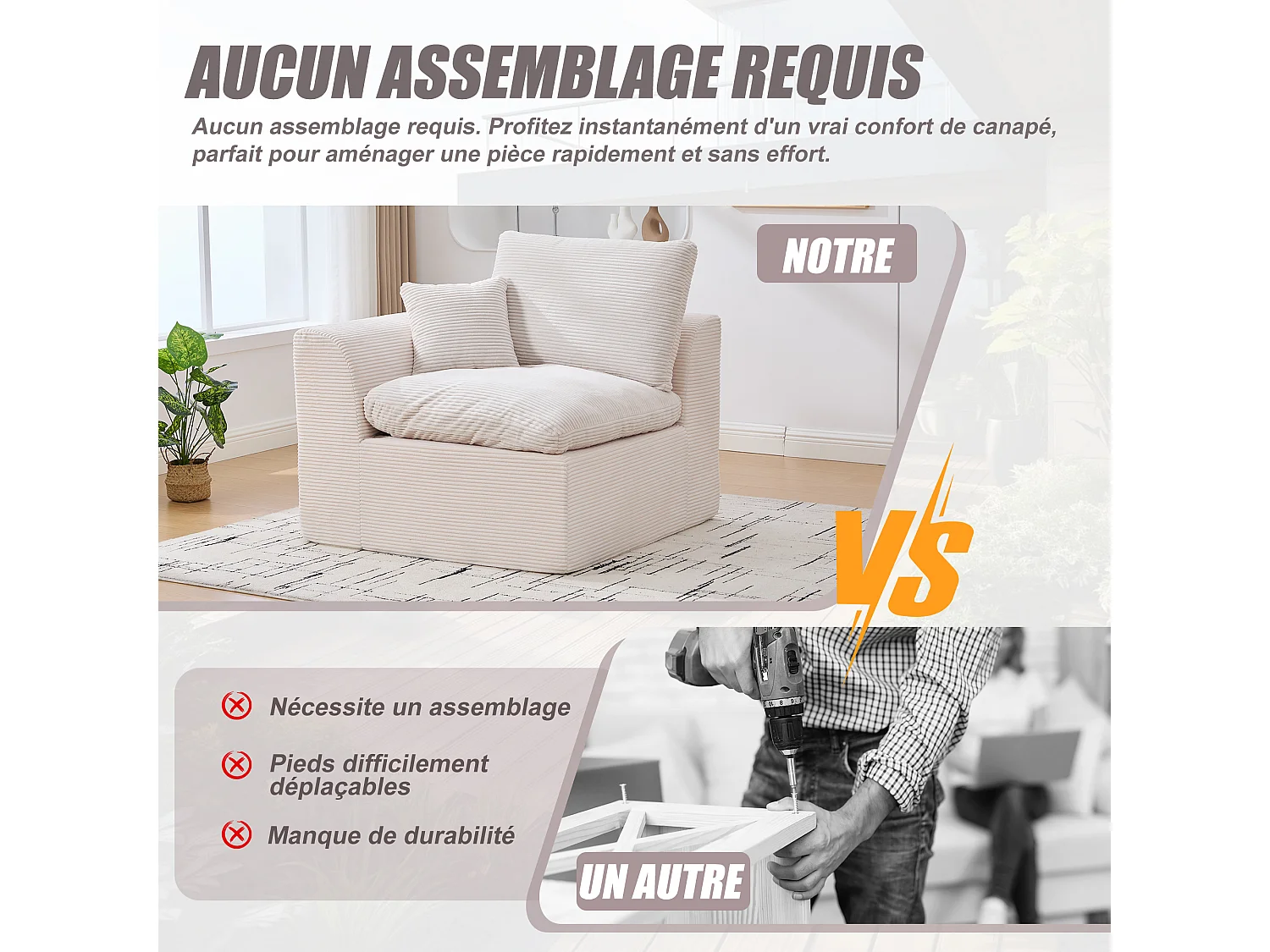 Câlin - Canapé 1 Places Modulable - Canapés d'Appoint en Velours Côtelé - 2 Coussins Ergonomiques Inclus - Ensemble Salon Modulable pour Salle de Séjour