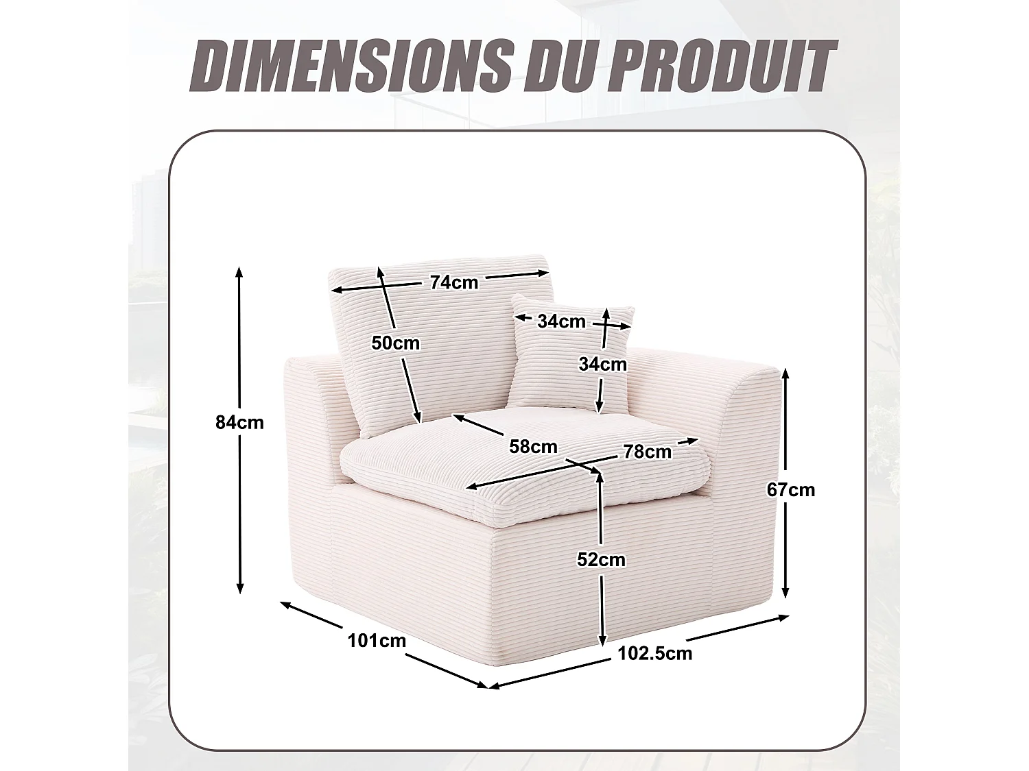 Câlin - Canapé 1 Places Modulable - Canapés d'Appoint en Velours Côtelé - 2 Coussins Ergonomiques Inclus - Ensemble Salon Modulable pour Salle de Séjour