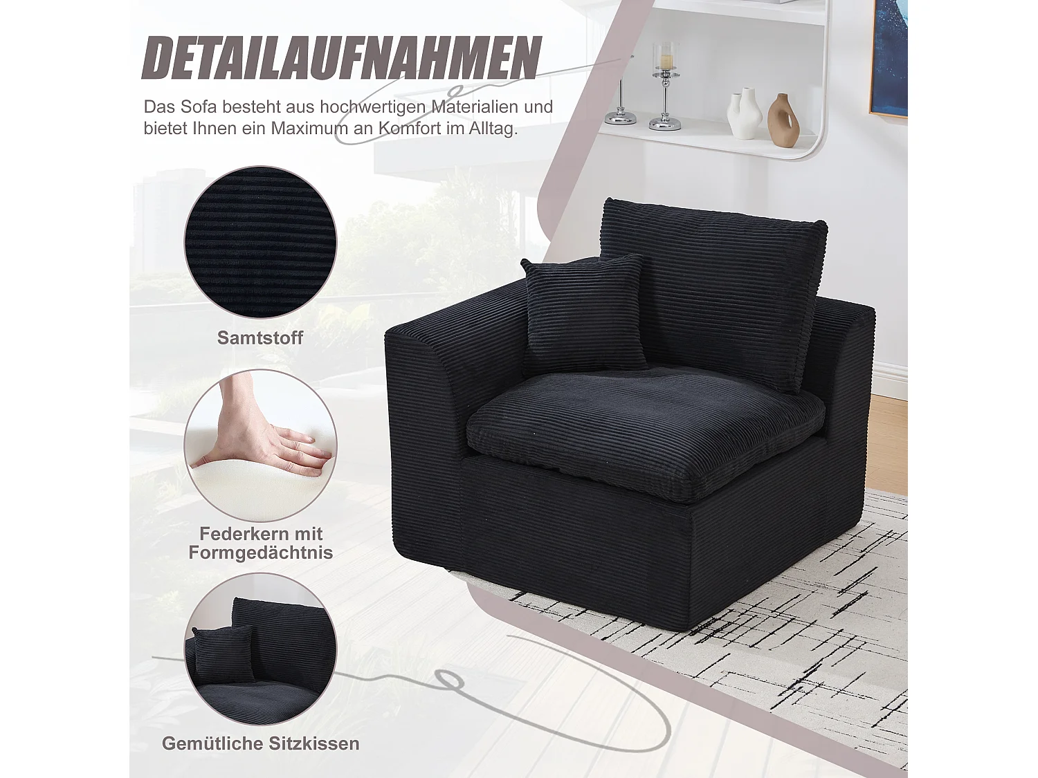 Câlin - Canapé 1 Places Modulable - Canapés d'Appoint en Velours Côtelé - 2 Coussins Ergonomiques Inclus - Ensemble Salon Modulable pour Salle de Séjour