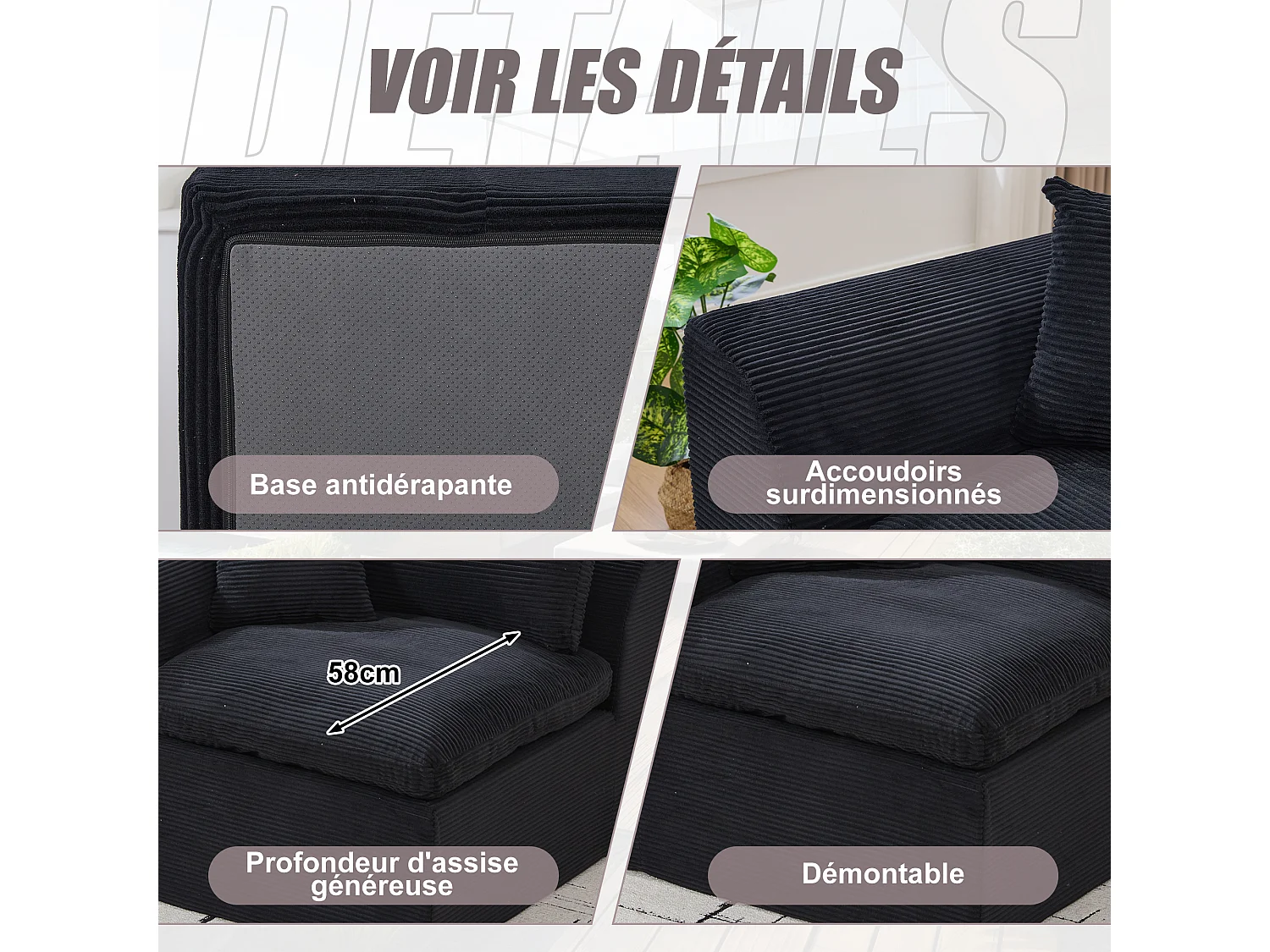 Câlin - Canapé 1 Places Modulable - Canapés d'Appoint en Velours Côtelé - 2 Coussins Ergonomiques Inclus - Ensemble Salon Modulable pour Salle de Séjour