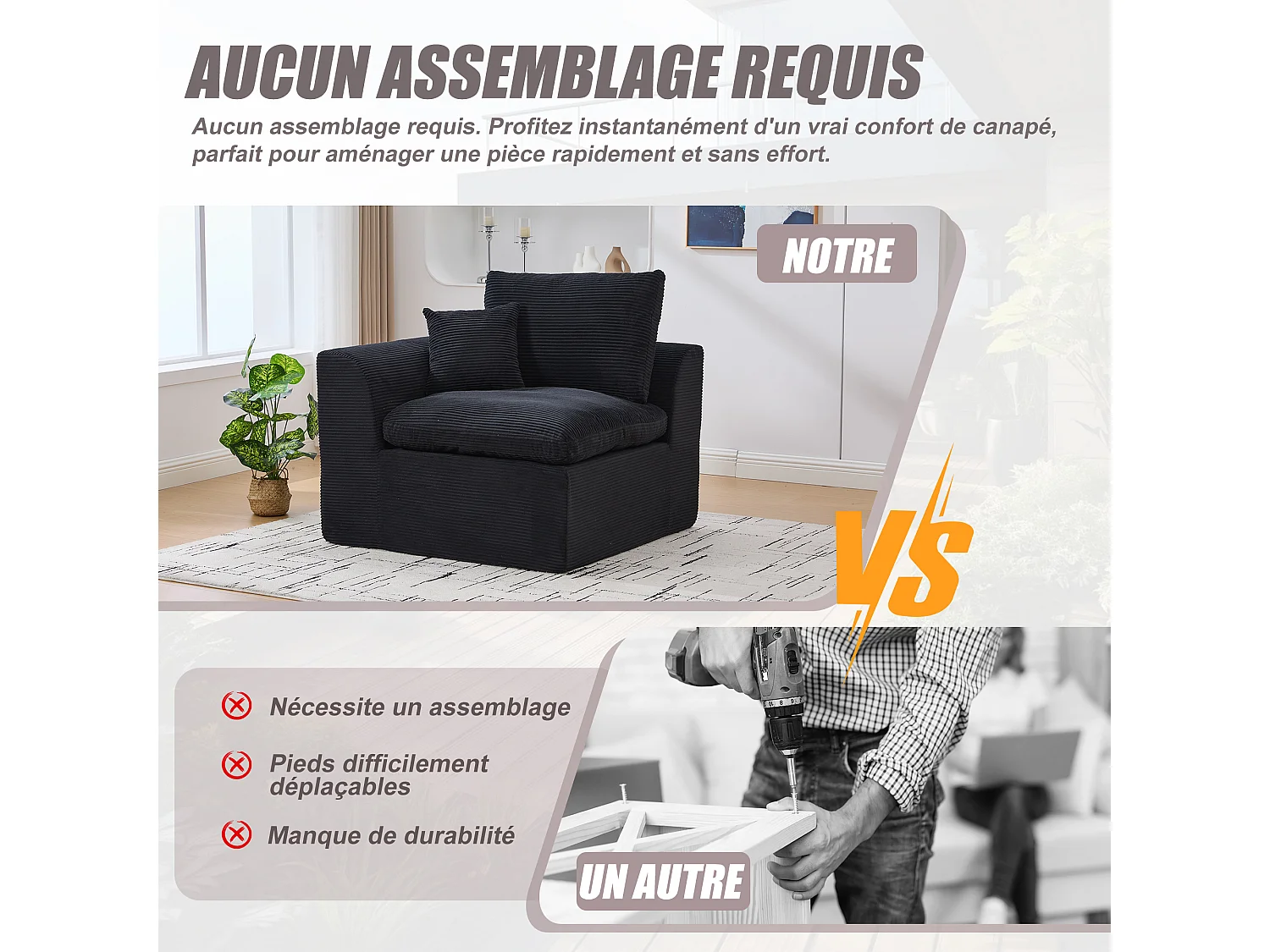 Câlin - Canapé 1 Places Modulable - Canapés d'Appoint en Velours Côtelé - 2 Coussins Ergonomiques Inclus - Ensemble Salon Modulable pour Salle de Séjour