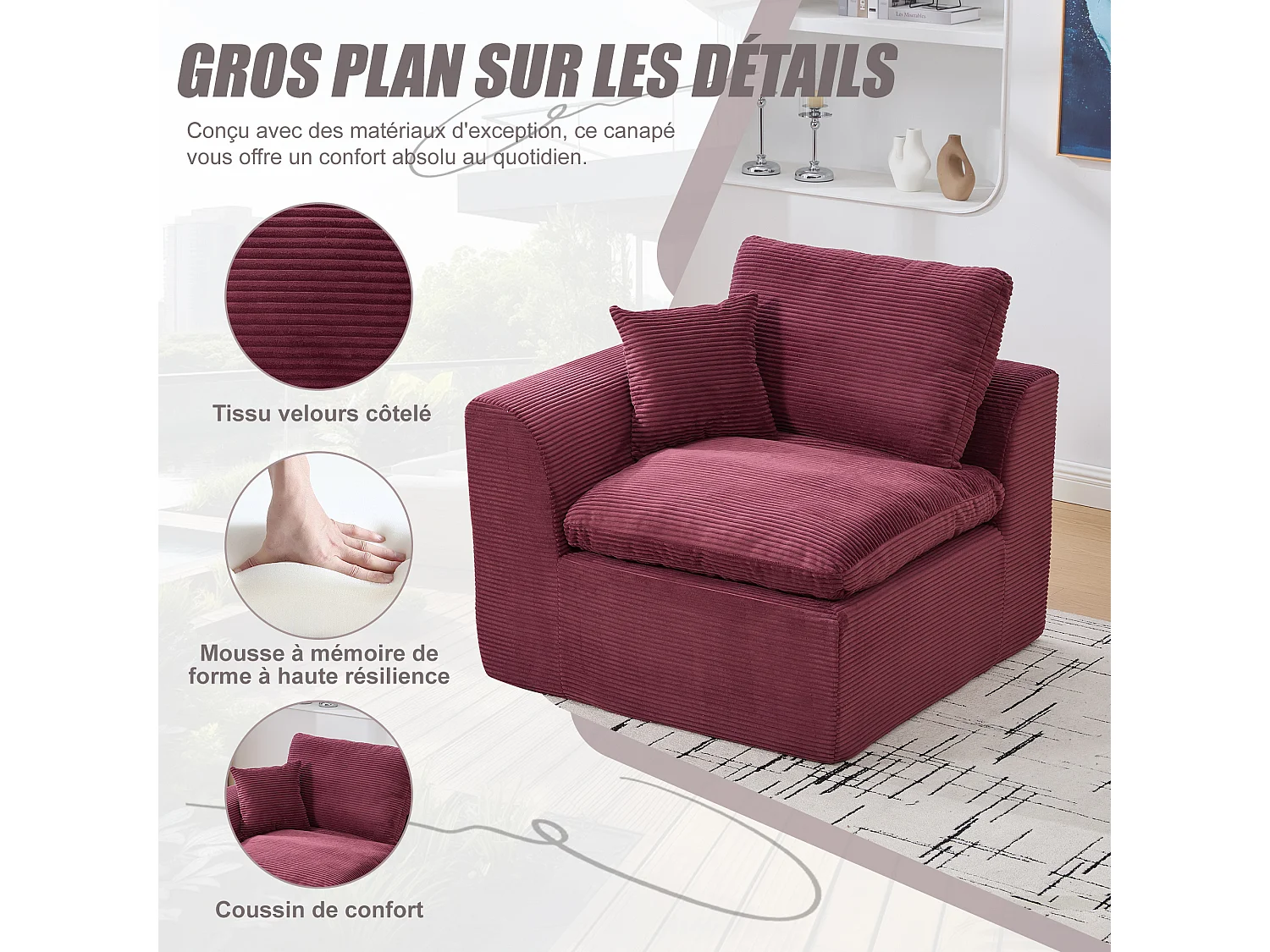 Câlin - Modulaire 1-Zits Bank + Bijzetbanken in Ribcord - 2 Ergonomische Kussens Inbegrepen - Modulaire Woonkamerset