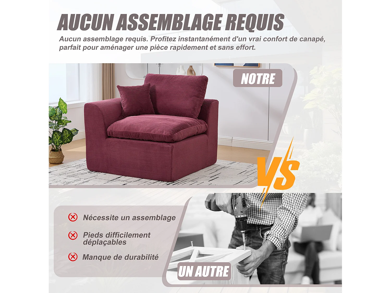 Câlin - Modulaire 1-Zits Bank + Bijzetbanken in Ribcord - 2 Ergonomische Kussens Inbegrepen - Modulaire Woonkamerset