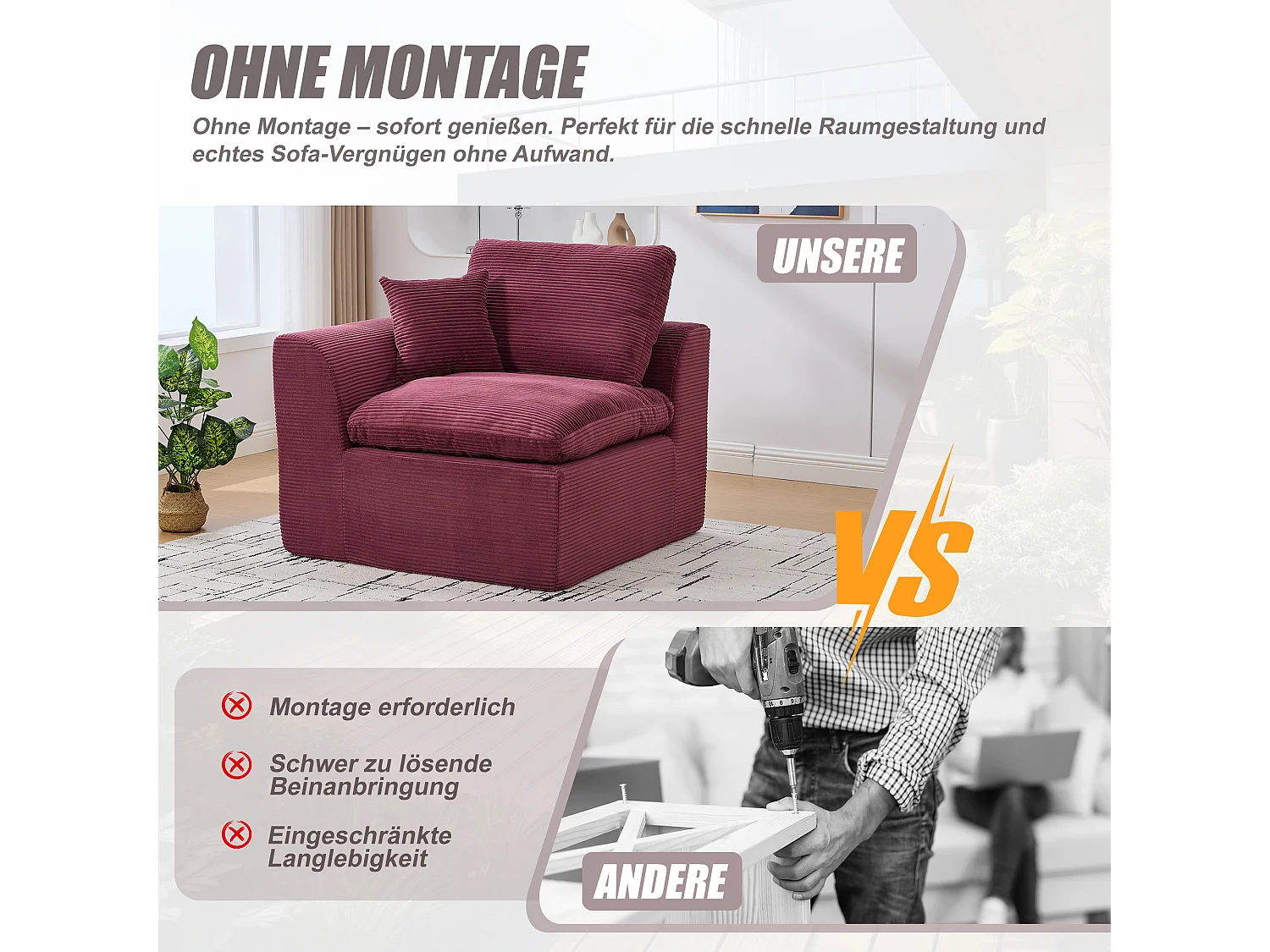 Câlin - Canapé 1 Places Modulable - Canapés d'Appoint en Velours Côtelé - 2 Coussins Ergonomiques Inclus - Ensemble Salon Modulable pour Salle de Séjour