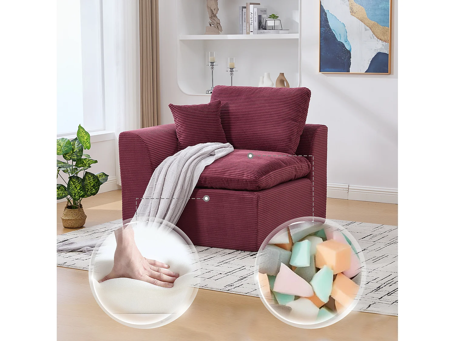 Câlin - Canapé 1 Places Modulable - Canapés d'Appoint en Velours Côtelé - 2 Coussins Ergonomiques Inclus - Ensemble Salon Modulable pour Salle de Séjour