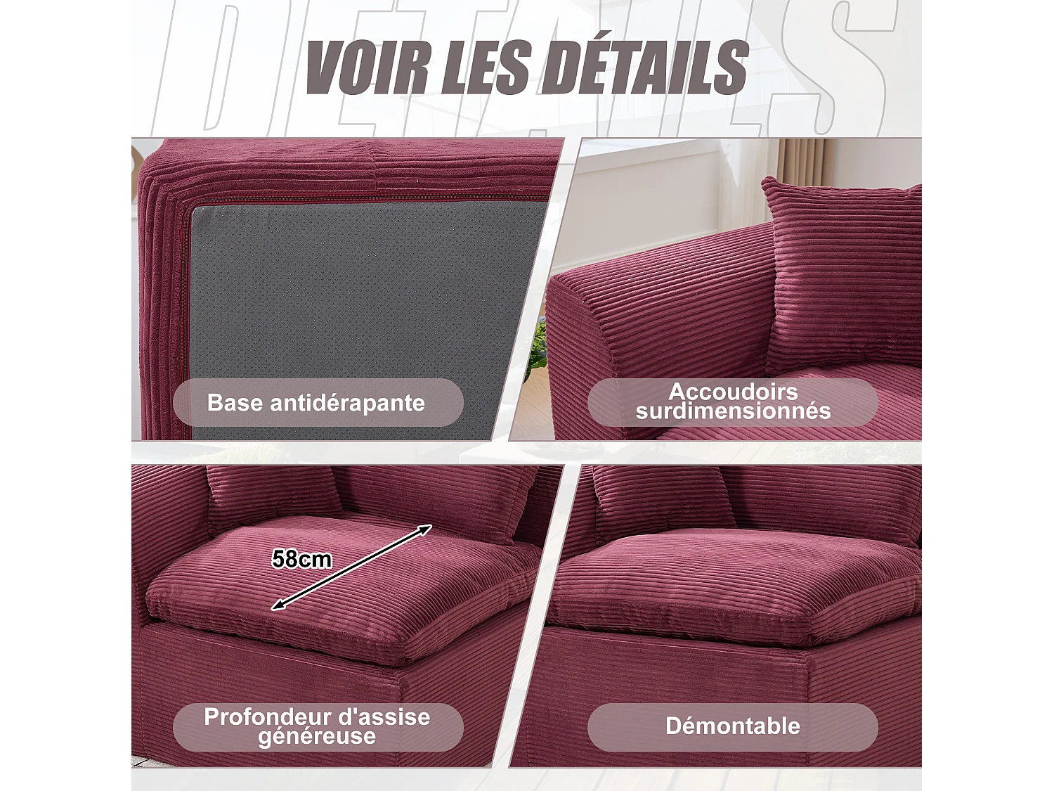 Câlin - Canapé 1 Places Modulable - Canapés d'Appoint en Velours Côtelé - 2 Coussins Ergonomiques Inclus - Ensemble Salon Modulable pour Salle de Séjour