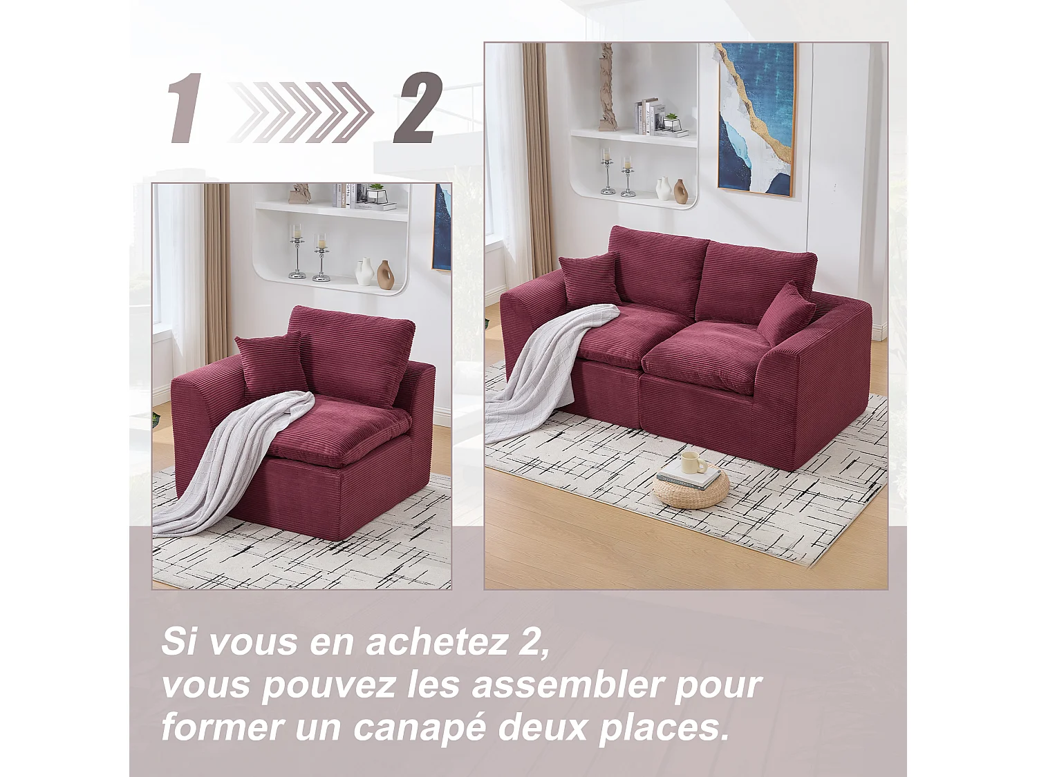 Câlin - Canapé 1 Places Modulable - Canapés d'Appoint en Velours Côtelé - 2 Coussins Ergonomiques Inclus - Ensemble Salon Modulable pour Salle de Séjour