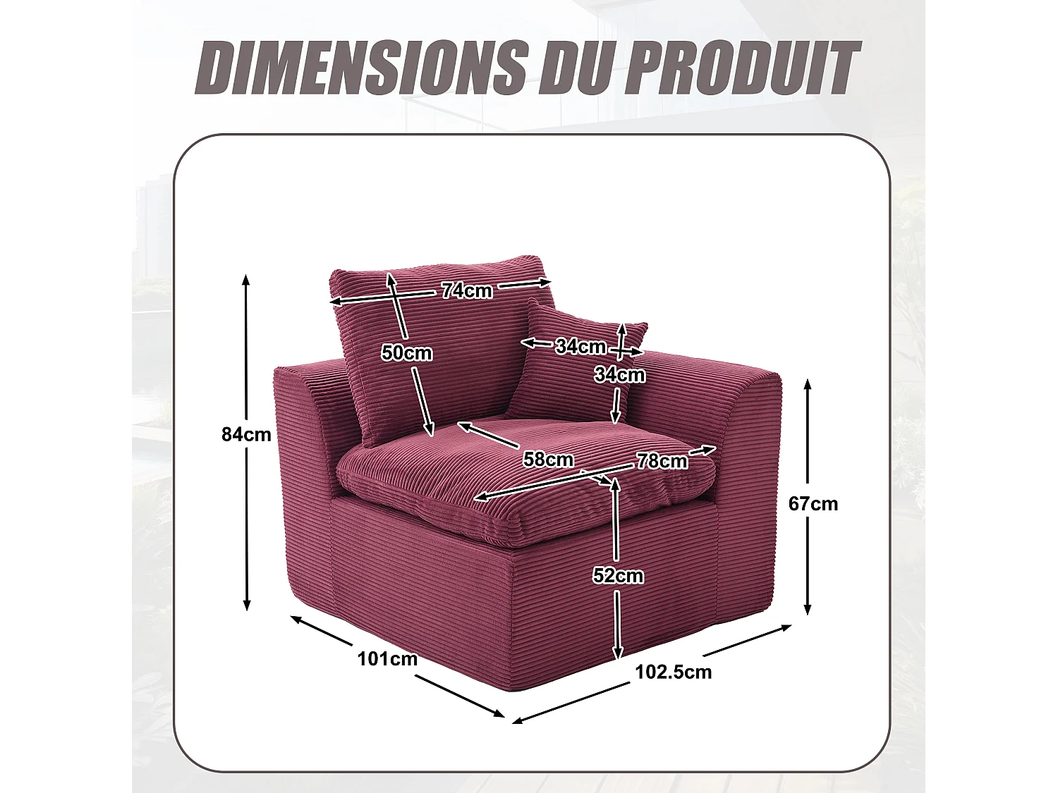 Câlin - Canapé 1 Places Modulable - Canapés d'Appoint en Velours Côtelé - 2 Coussins Ergonomiques Inclus - Ensemble Salon Modulable pour Salle de Séjour