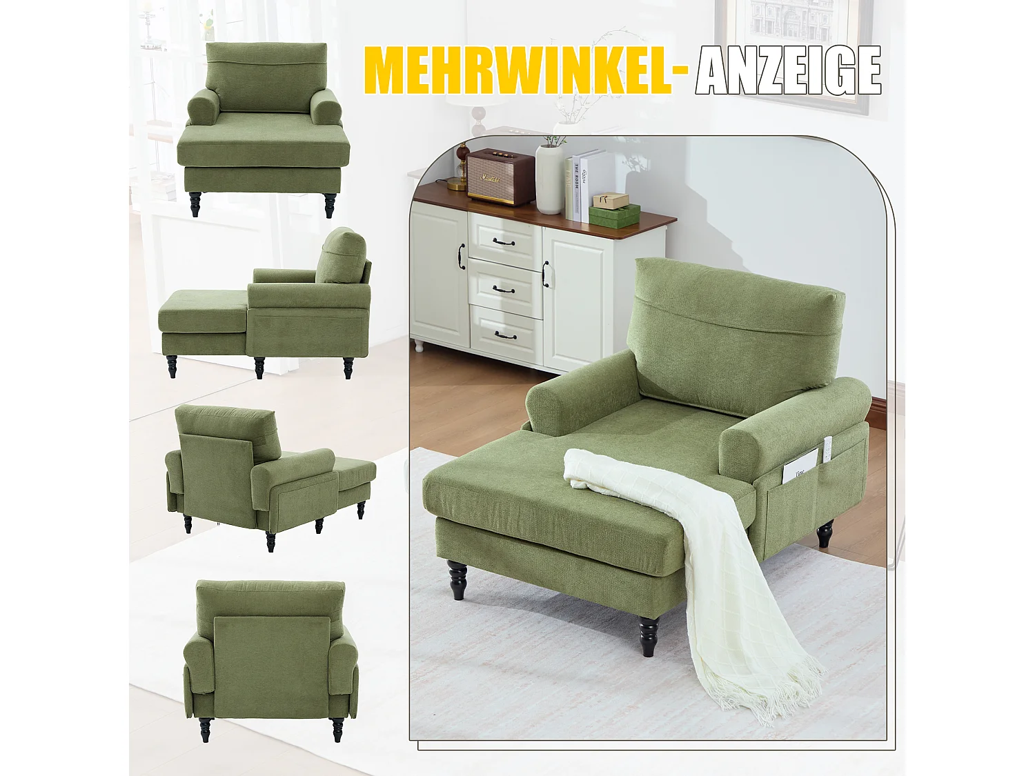 Relaxzetel 1 Zitplaats in Chenille - Omhullende Rugleuning - Extra Diepe Zitting van 100 cm - Structuur tot 250 kg - Ideaal voor de Woonkamer, Kantoor en Balkon - M