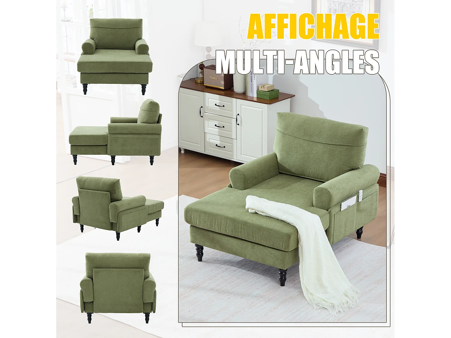 Canapé Relax 1 Place en Chenille - Dossier Enveloppant - Assise Extra-Profonde 100cm - Structure 250kg - Idéal Salon, Bureau et Balcon - Pieds Bois Massif