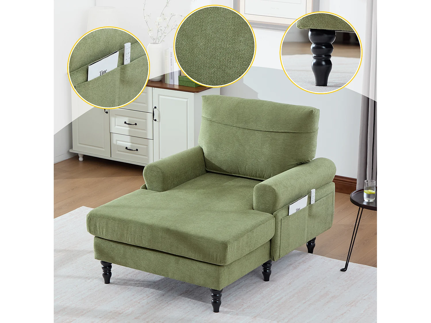 Canapé Relax 1 Place en Chenille - Dossier Enveloppant - Assise Extra-Profonde 100cm - Structure 250kg - Idéal Salon, Bureau et Balcon - Pieds Bois Massif