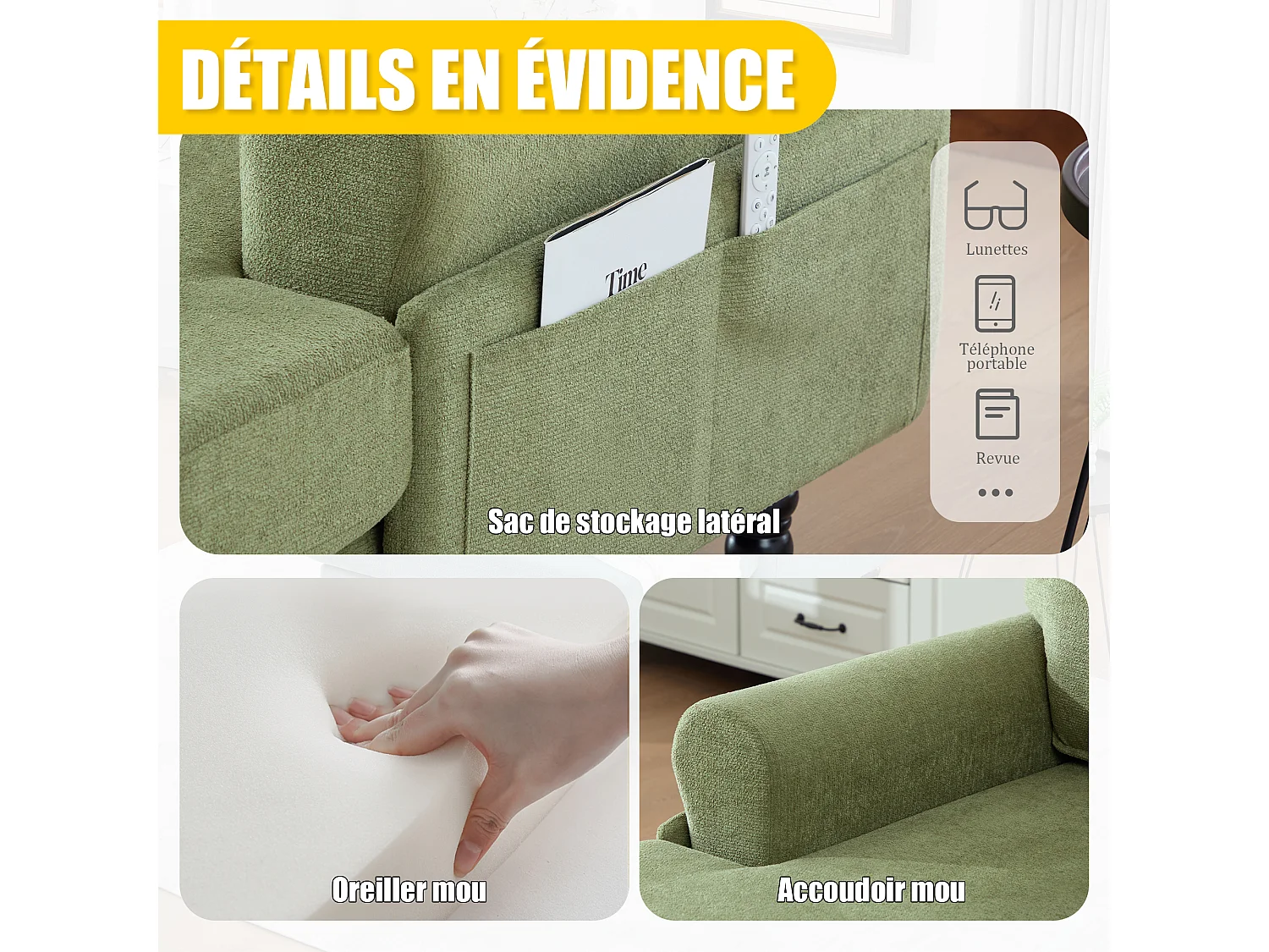 Canapé Relax 1 Place en Chenille - Dossier Enveloppant - Assise Extra-Profonde 100cm - Structure 250kg - Idéal Salon, Bureau et Balcon - Pieds Bois Massif