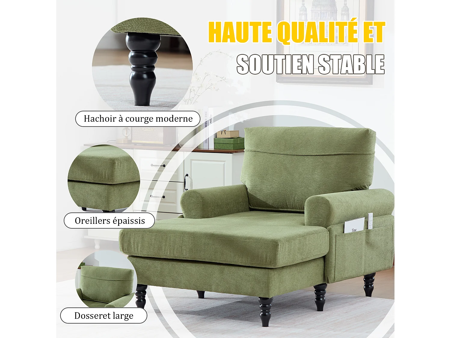 Canapé Relax 1 Place en Chenille - Dossier Enveloppant - Assise Extra-Profonde 100cm - Structure 250kg - Idéal Salon, Bureau et Balcon - Pieds Bois Massif