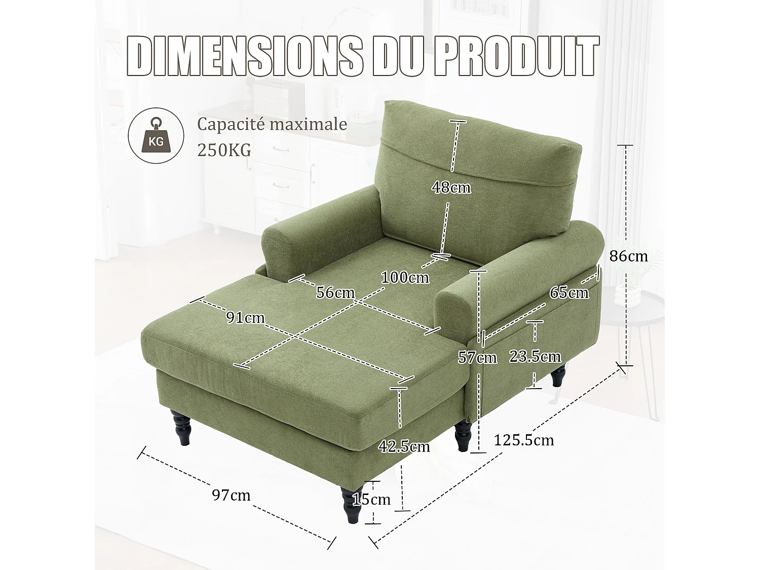 Canapé Relax 1 Place en Chenille - Dossier Enveloppant - Assise Extra-Profonde 100cm - Structure 250kg - Idéal Salon, Bureau et Balcon - Pieds Bois Massif