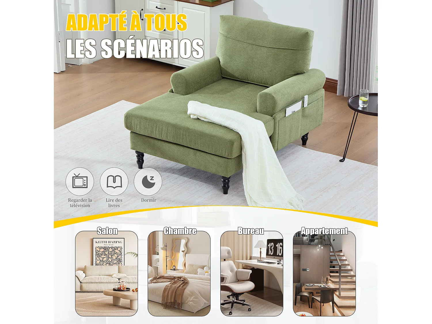 Canapé Relax 1 Place en Chenille - Dossier Enveloppant - Assise Extra-Profonde 100cm - Structure 250kg - Idéal Salon, Bureau et Balcon - Pieds Bois Massif