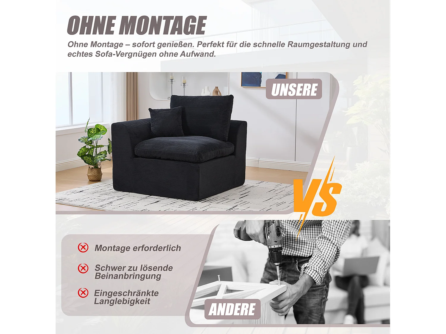 Câlin - Set Canapé 2 Places Modulable - 2 Canapés d'Appoint en Velours Côtelé - 4 Coussins Ergonomiques Inclus - Ensemble Salon Modulable pour Salle de Séjour