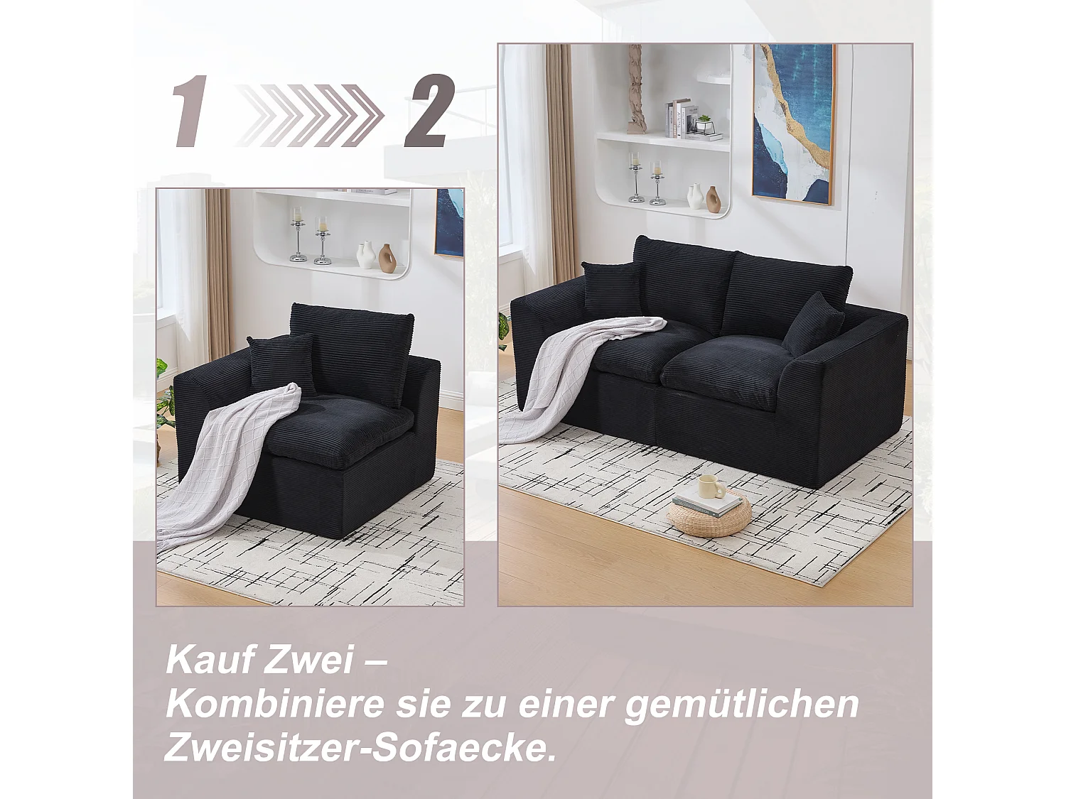 Câlin - Set Canapé 2 Places Modulable - 2 Canapés d'Appoint en Velours Côtelé - 4 Coussins Ergonomiques Inclus - Ensemble Salon Modulable pour Salle de Séjour