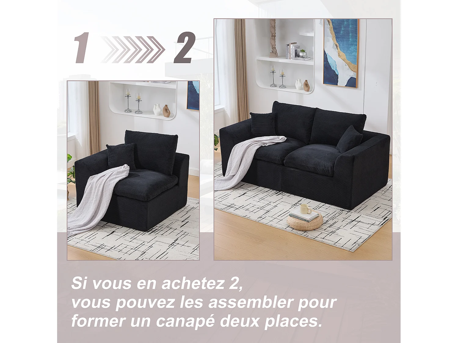 Câlin - Set Canapé 2 Places Modulable - 2 Canapés d'Appoint en Velours Côtelé - 4 Coussins Ergonomiques Inclus - Ensemble Salon Modulable pour Salle de Séjour