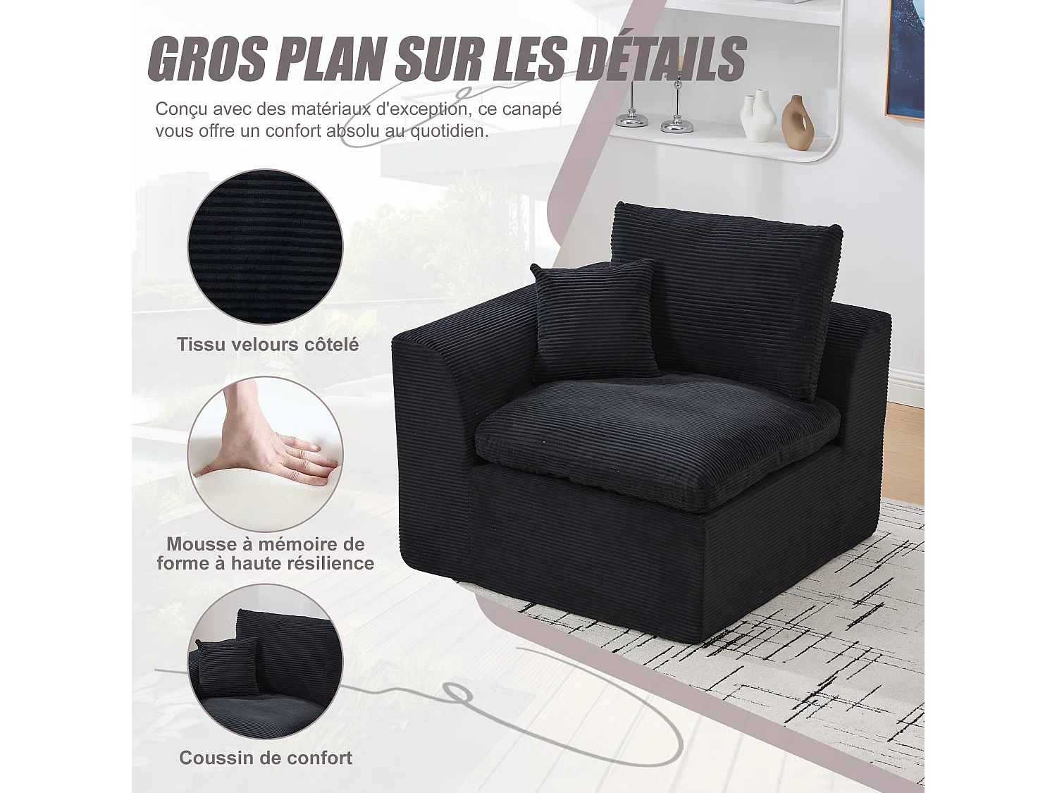 Câlin - Set Canapé 2 Places Modulable - 2 Canapés d'Appoint en Velours Côtelé - 4 Coussins Ergonomiques Inclus - Ensemble Salon Modulable pour Salle de Séjour