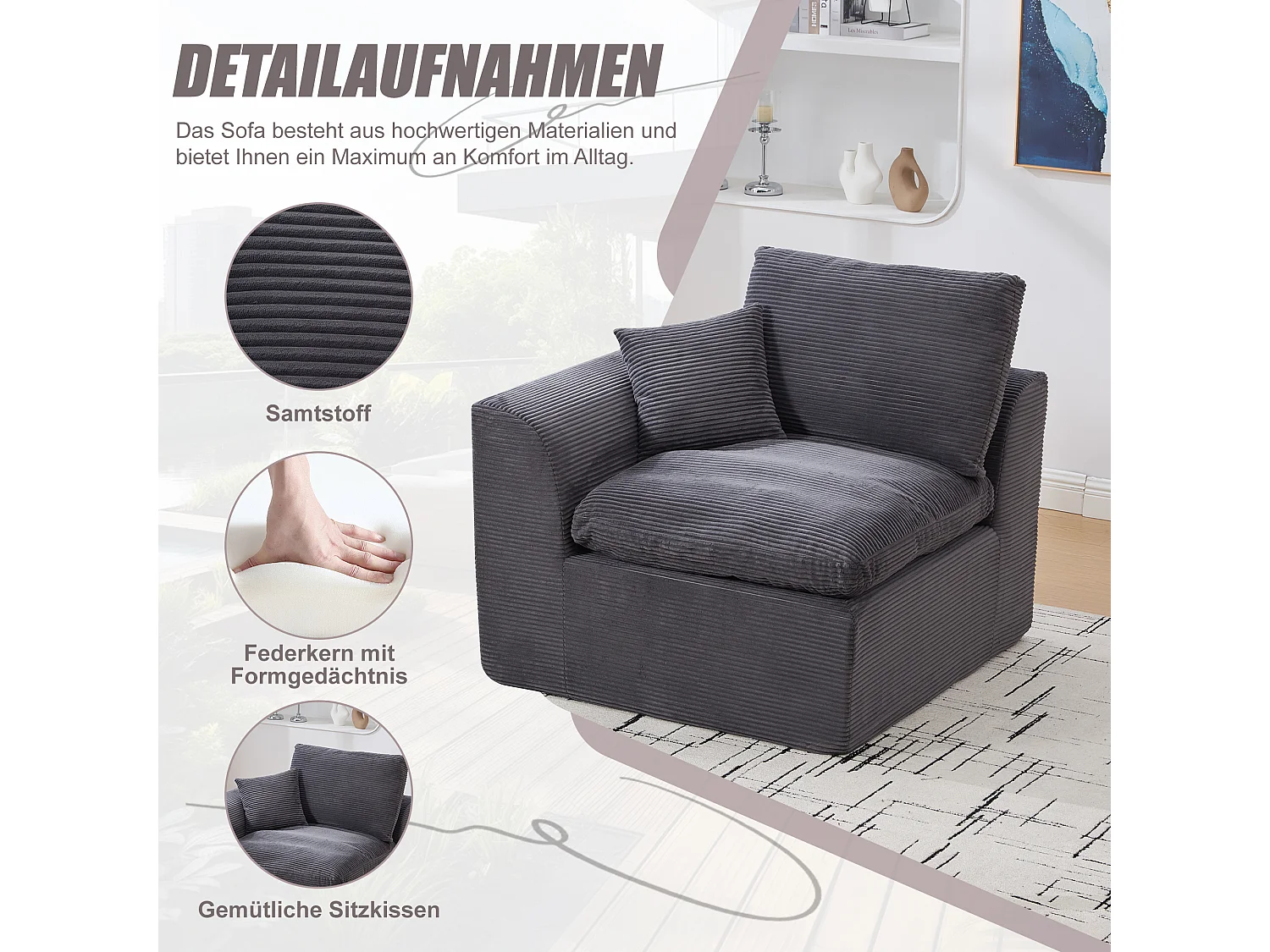 Câlin - Set Canapé 2 Places Modulable - 2 Canapés d'Appoint en Velours Côtelé - 4 Coussins Ergonomiques Inclus - Ensemble Salon Modulable pour Salle de Séjour